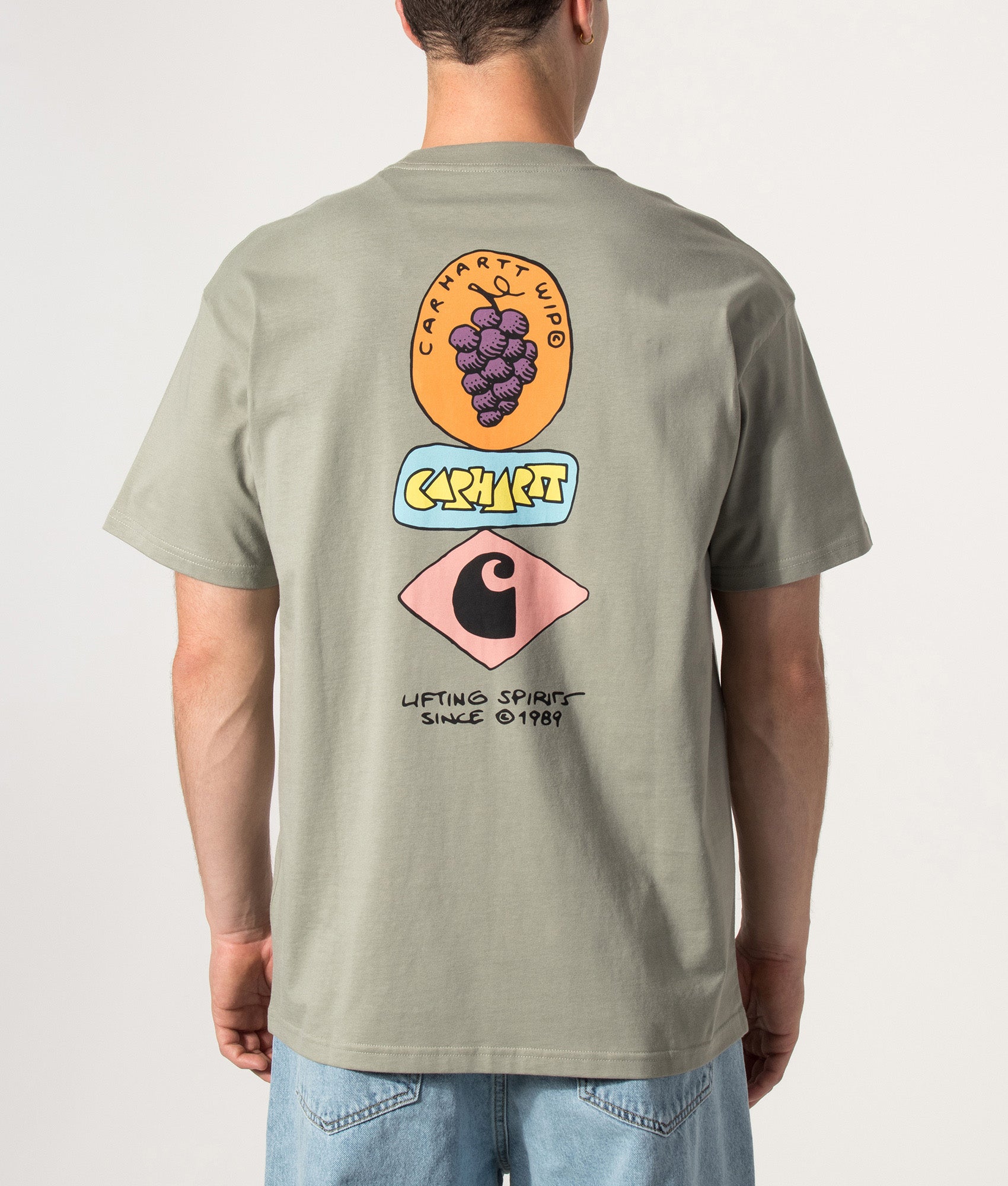 Carhartt WIP Loose Fit Stacked Grapes T-Shirt in Shady Green at EQVVS Menswear. Model back shot.