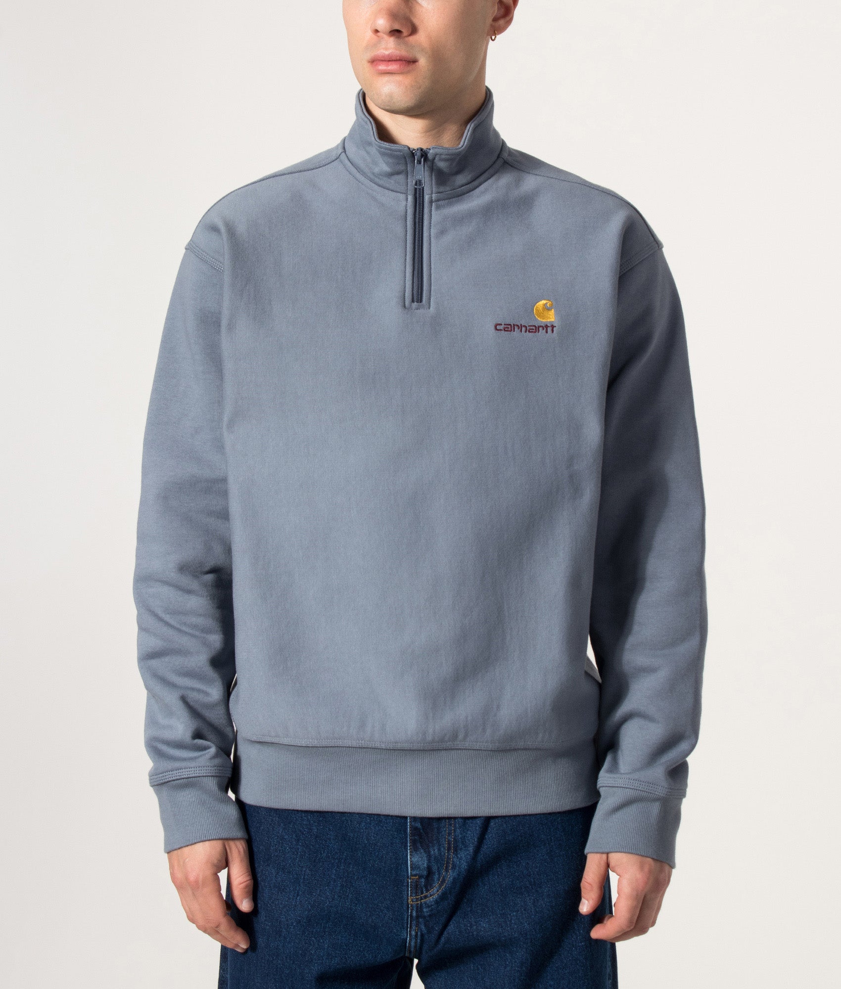 Carhartt WIP Loose Fit Quarter Zip American Script Sweatshirt in Shady Blue at EQVVS Menswear.