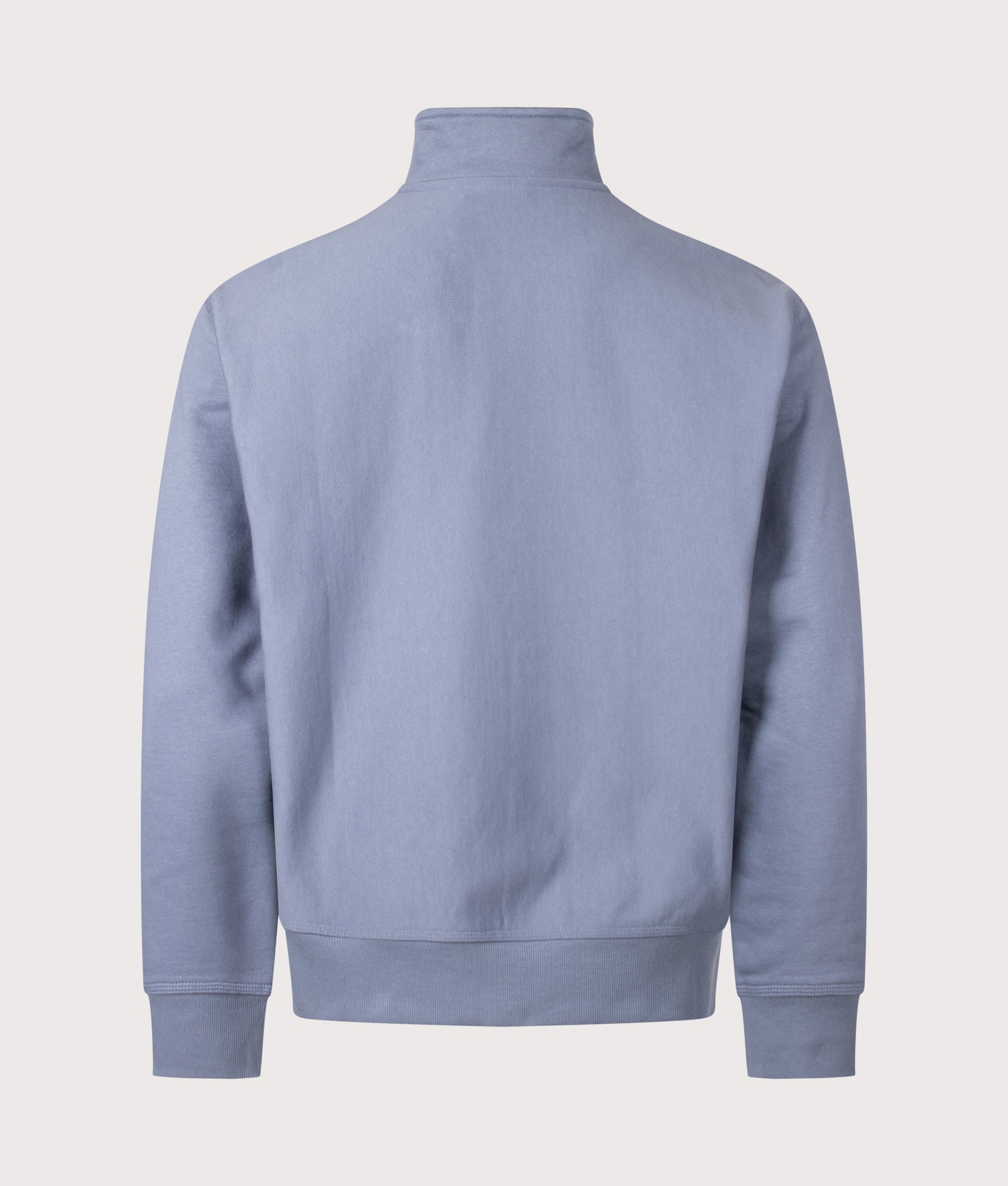 Carhartt WIP Loose Fit Quarter Zip American Script Sweatshirt in Shady Blue at EQVVS Menswear. Back shot.
