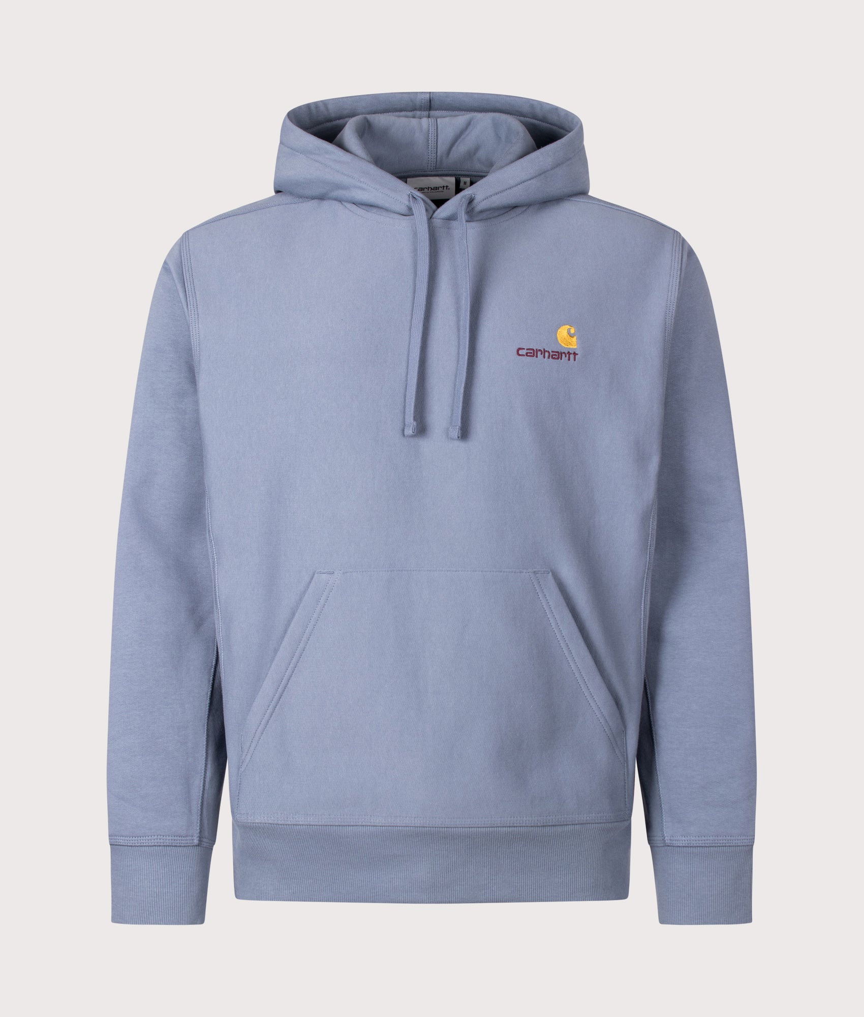 Carhartt WIP Loose Fit American Script Hoodie in Shady Blue at EQVVS Menswear. Front shot.