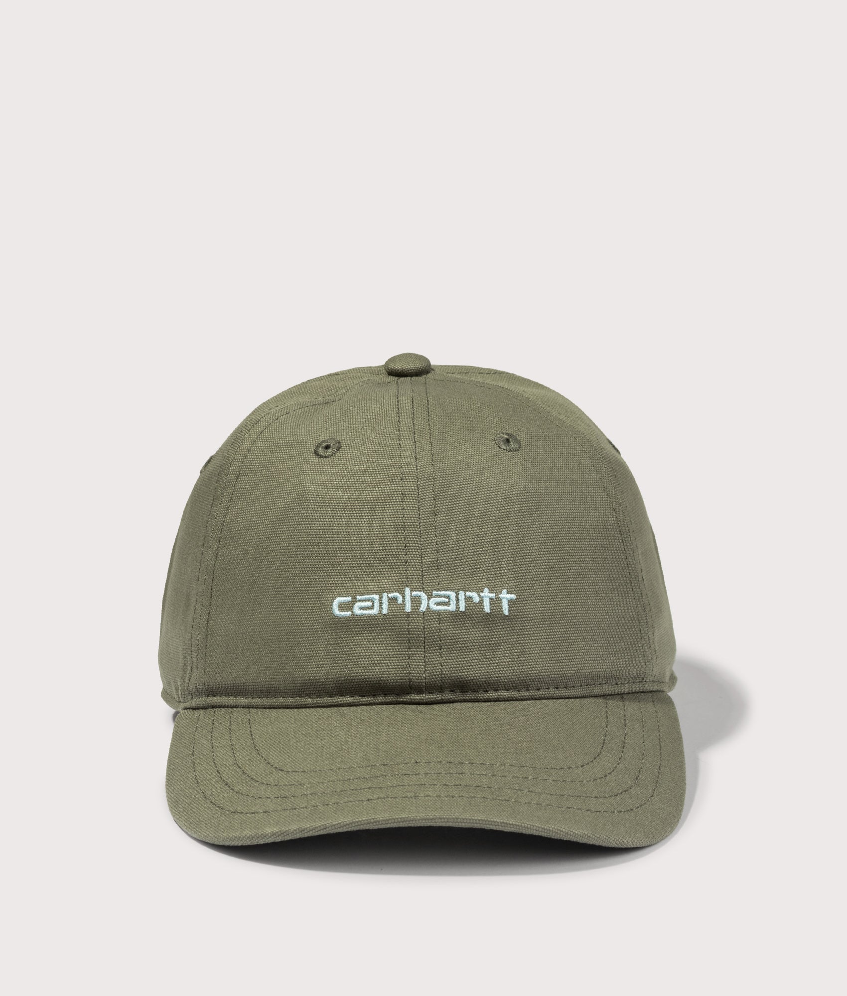 Canvas Script Cap in Leaf/Tourmaline by Carhartt WIP. Shot by EQVVS. Front shot.