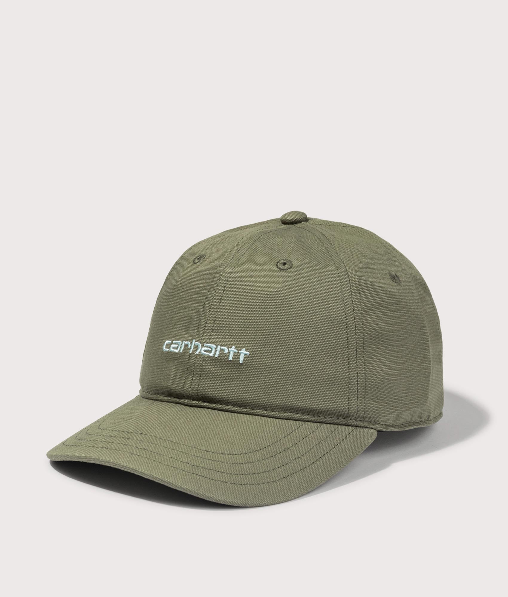 Canvas Script Cap in Leaf/Tourmaline by Carhartt WIP. Shot by EQVVS. Front angled shot.
