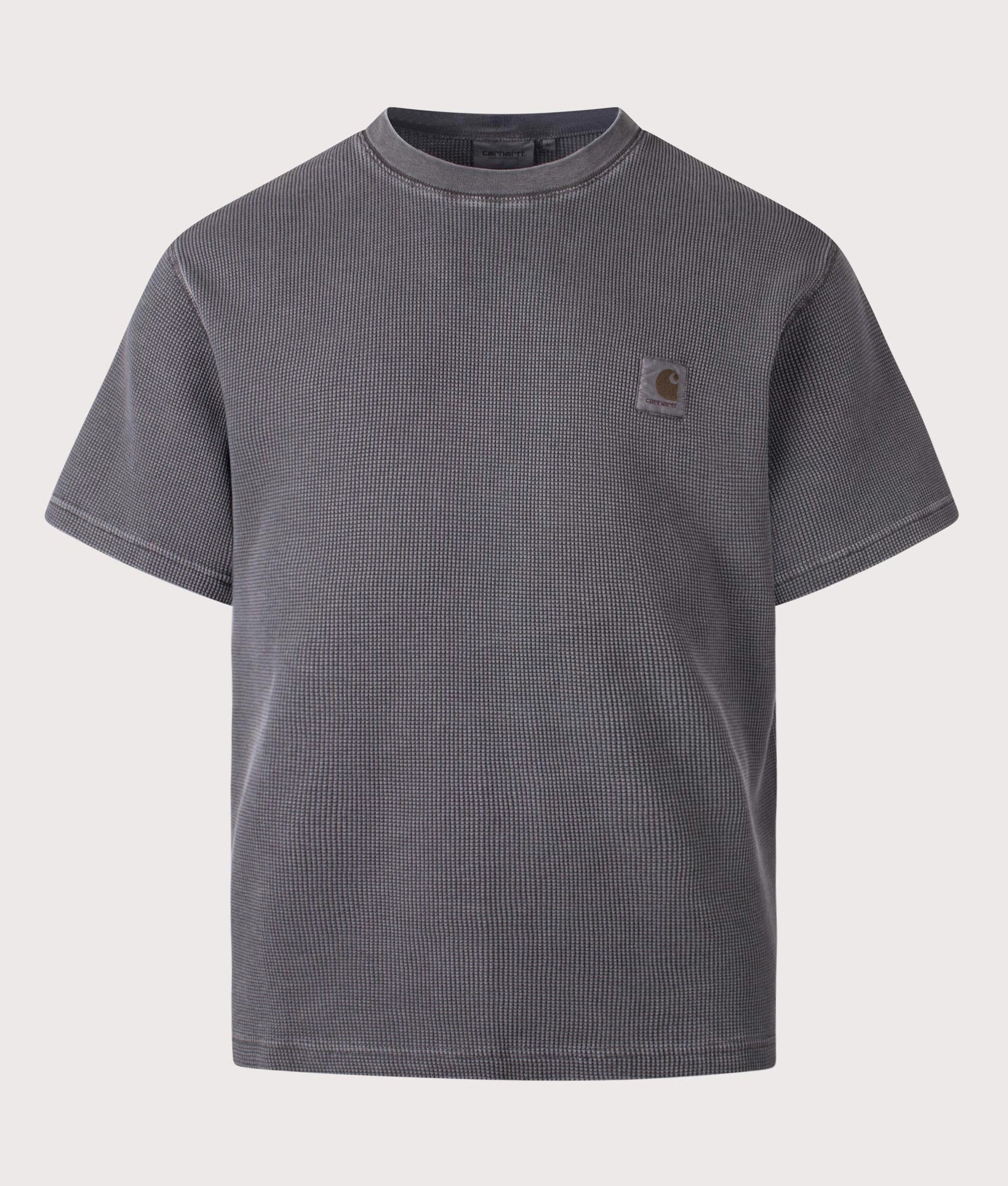 Carhartt WIP Relaxed Fit Nelson Waffle T-Shirt in Black at EQVVS Menswear. Front shot.