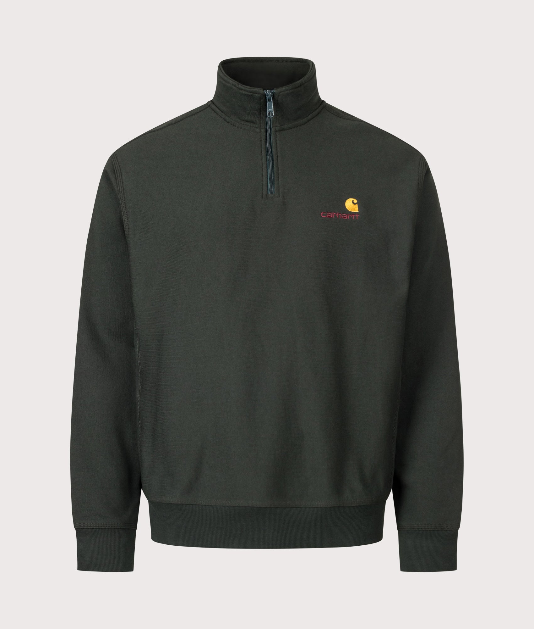 Carhartt WIP Loose Fit Quarter Zip American Script Sweatshirt in Raven at EQVVS Menswear. Front shot.