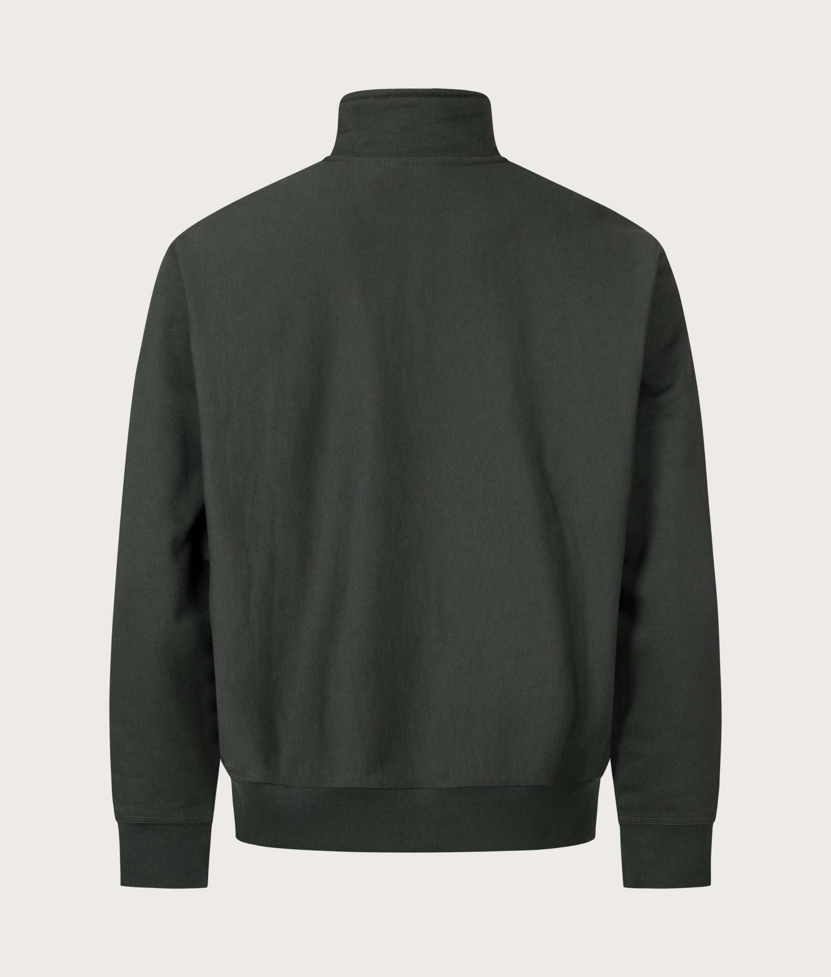 Carhartt WIP Loose Fit Quarter Zip American Script Sweatshirt in Raven at EQVVS Menswear. Back shot.