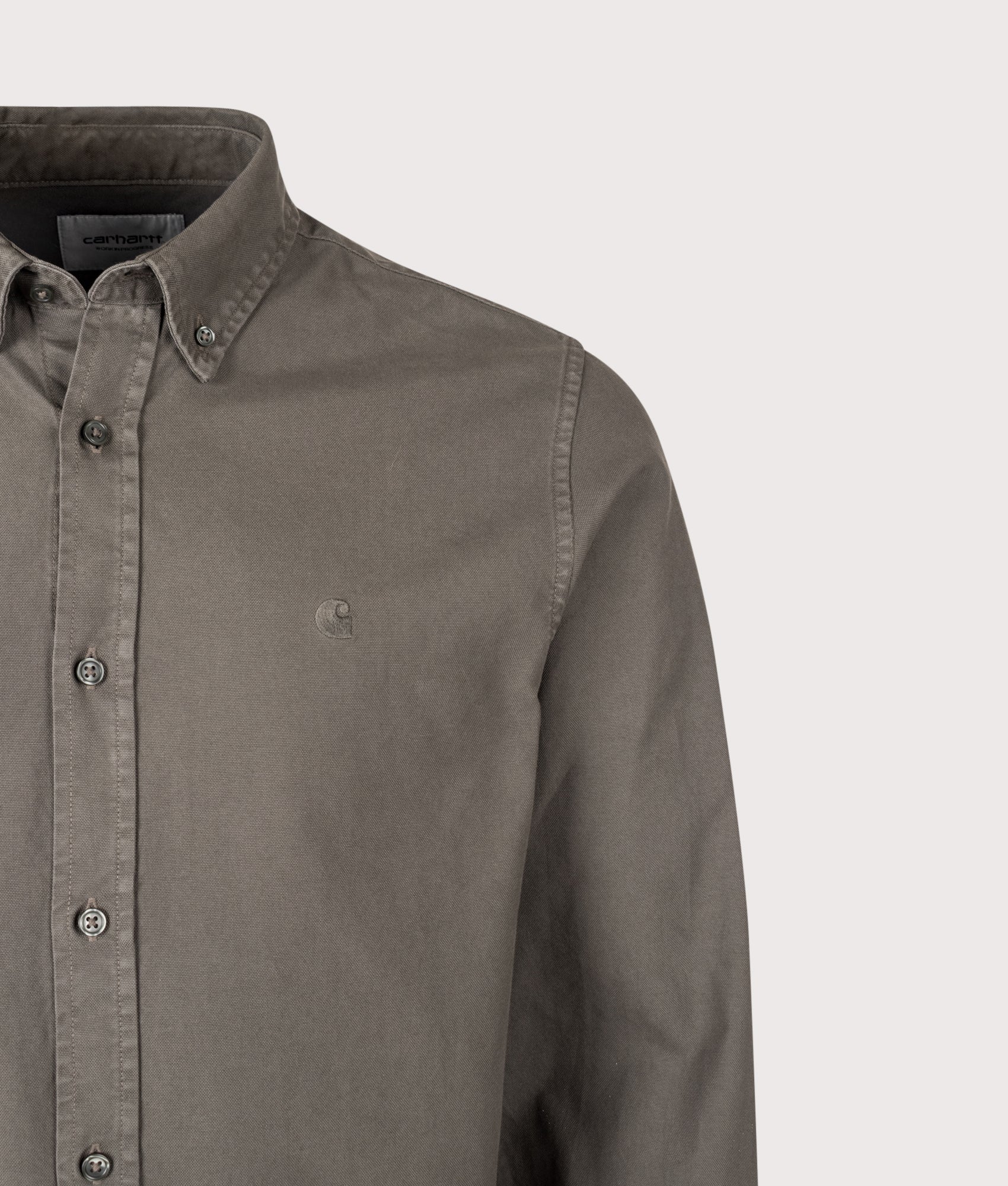 Carhartt WIP Regular Fit Bolton Shirt in Shungite at EQVVS Menswear. Detail shot.