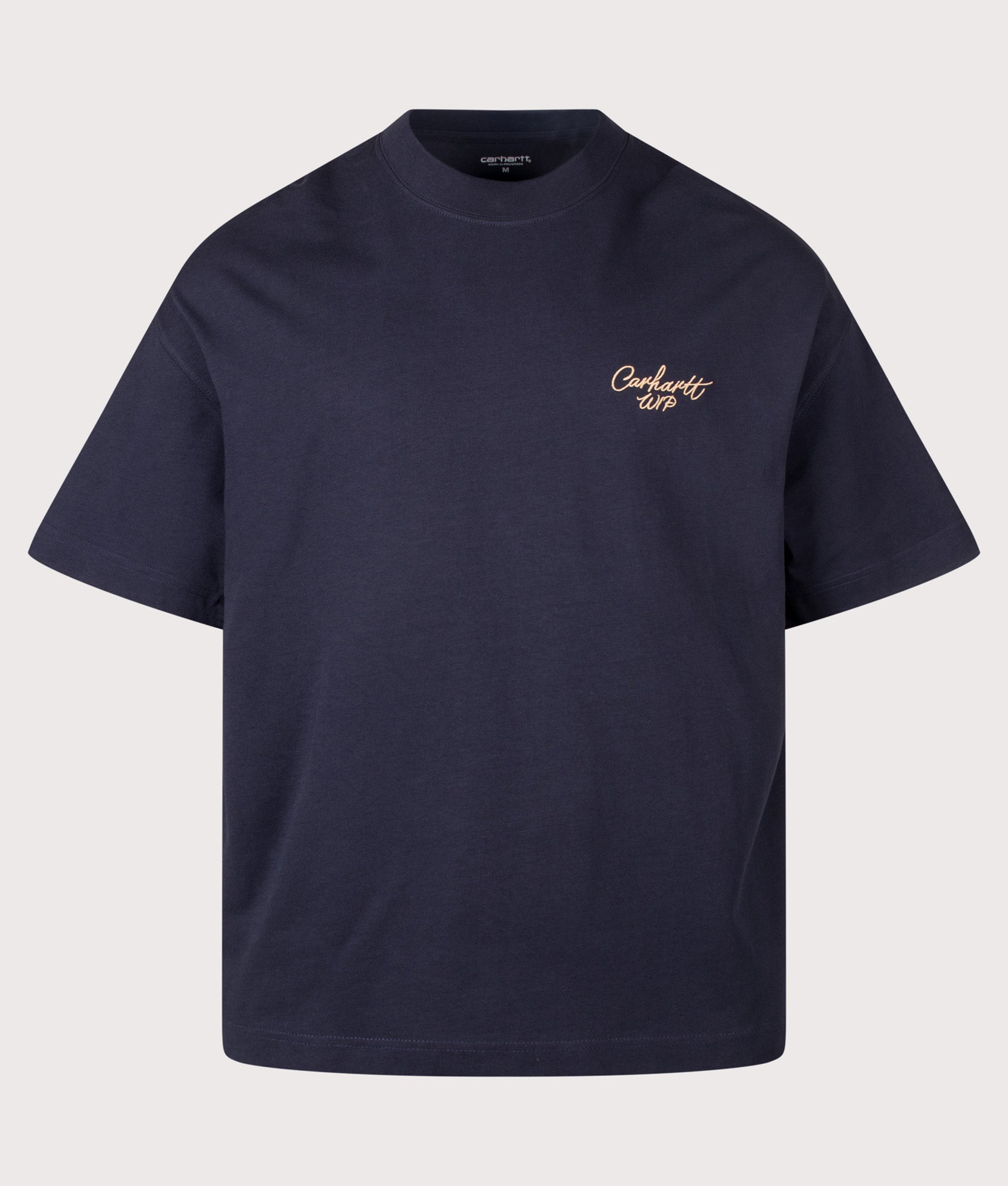 Carhartt WIP Boxy Loose Fit Signature Script T-Shirt in Dark Navy and WIP Dusty H at EQVVS Menswear. Front shot.