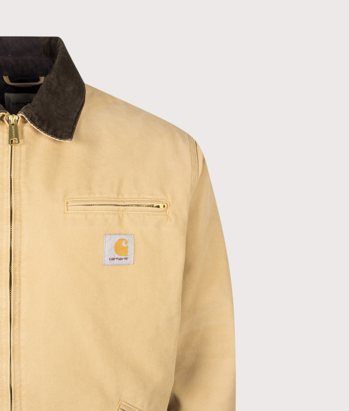 Carhartt WIP Loose Fit OG Detroit Jacket in WIP Dusty H and Tobacco at EQVVS Menswear. Detail shot.