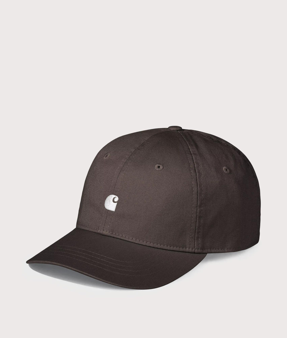 Carhartt WIP Madison Logo Cap in Tobacco and White at EQVVS Menswear. Angled front shot.