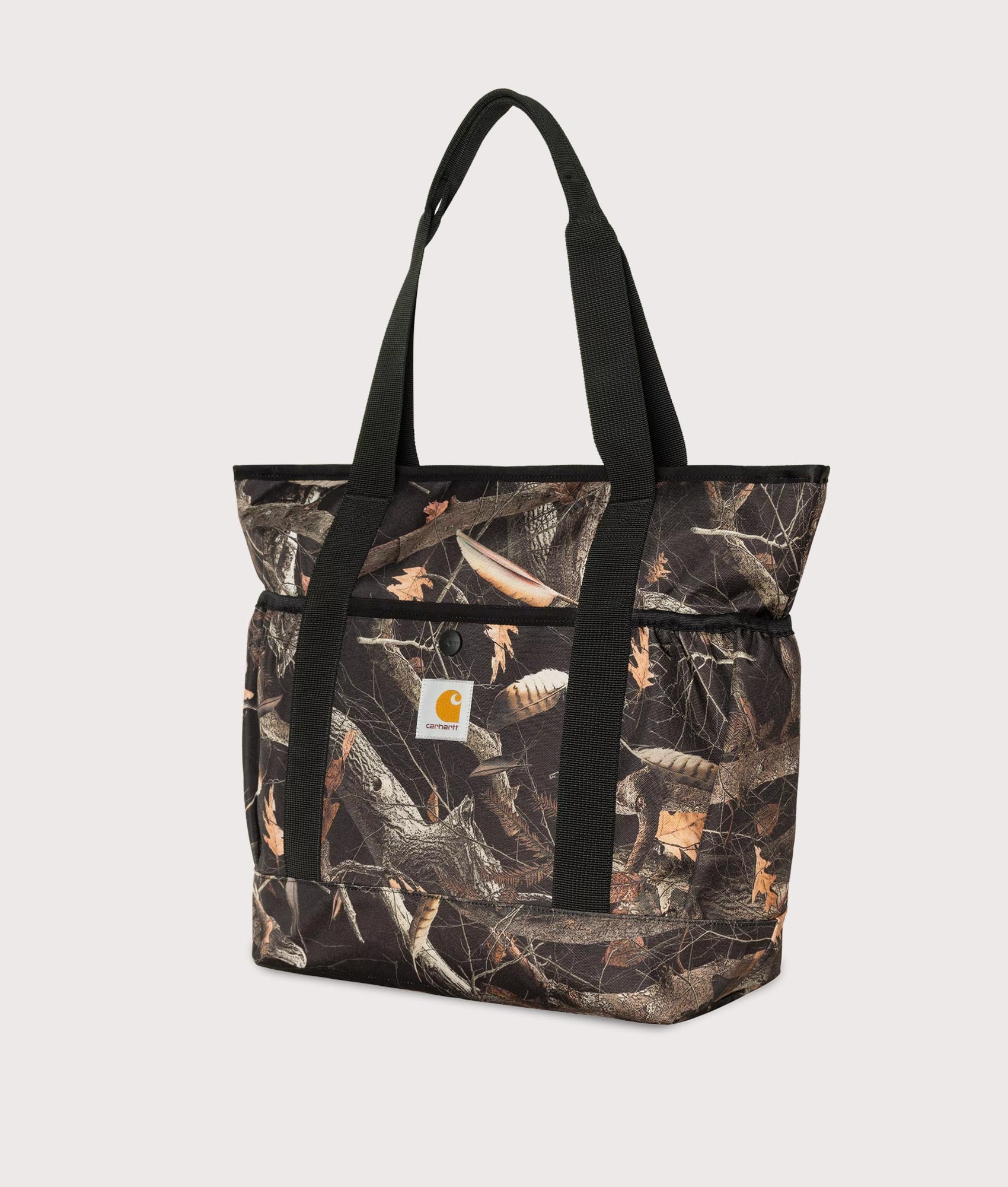 Carhartt WIP Clapton Tote Bag  in Feather Camo Tree/Black at EQVVS Menswear. Angled front shot.