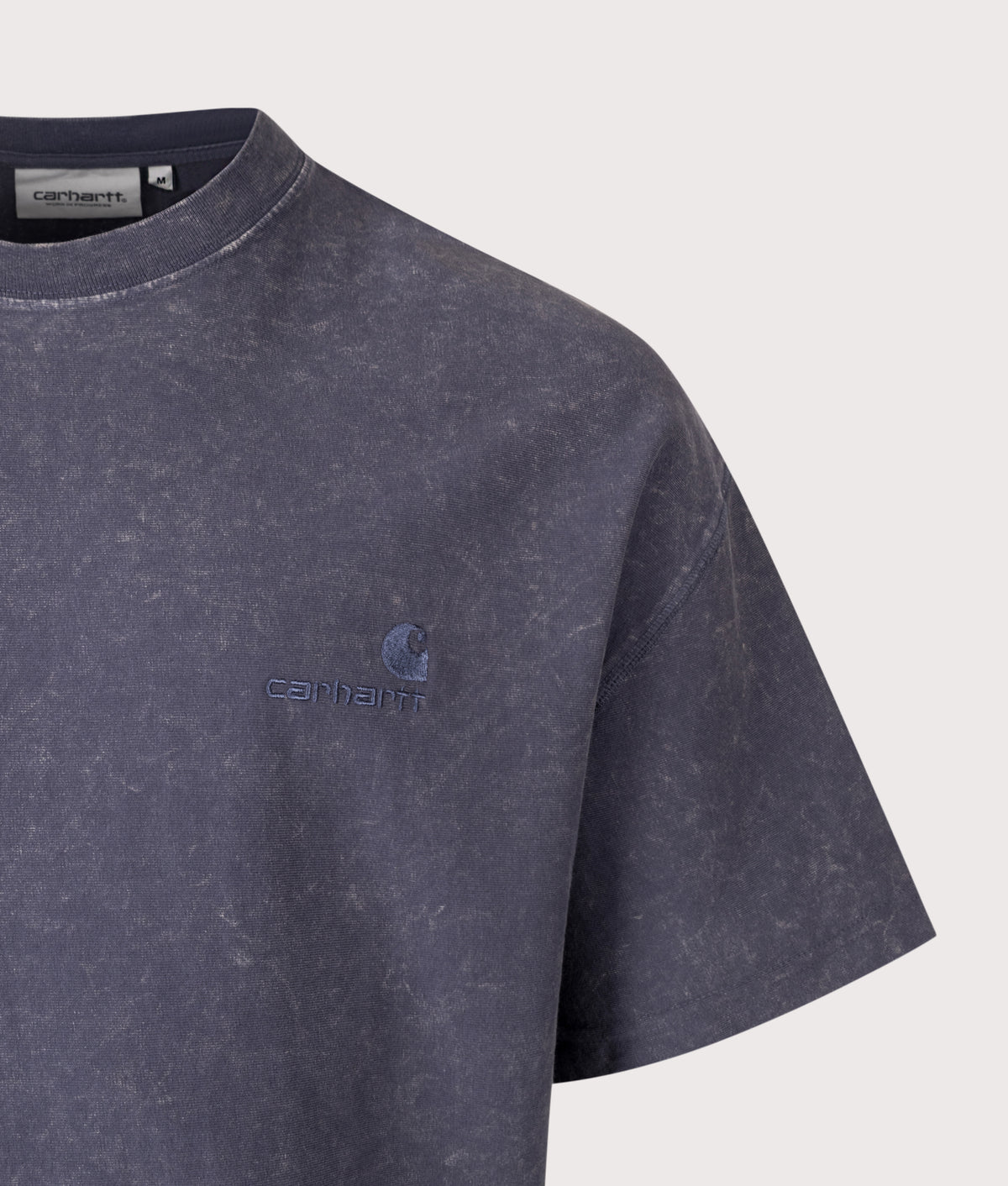 Carhartt WIP Boxy Loose Fit Lambert T-Shirt in Dark Navy at EQVVS Menswear. Detail shot.
