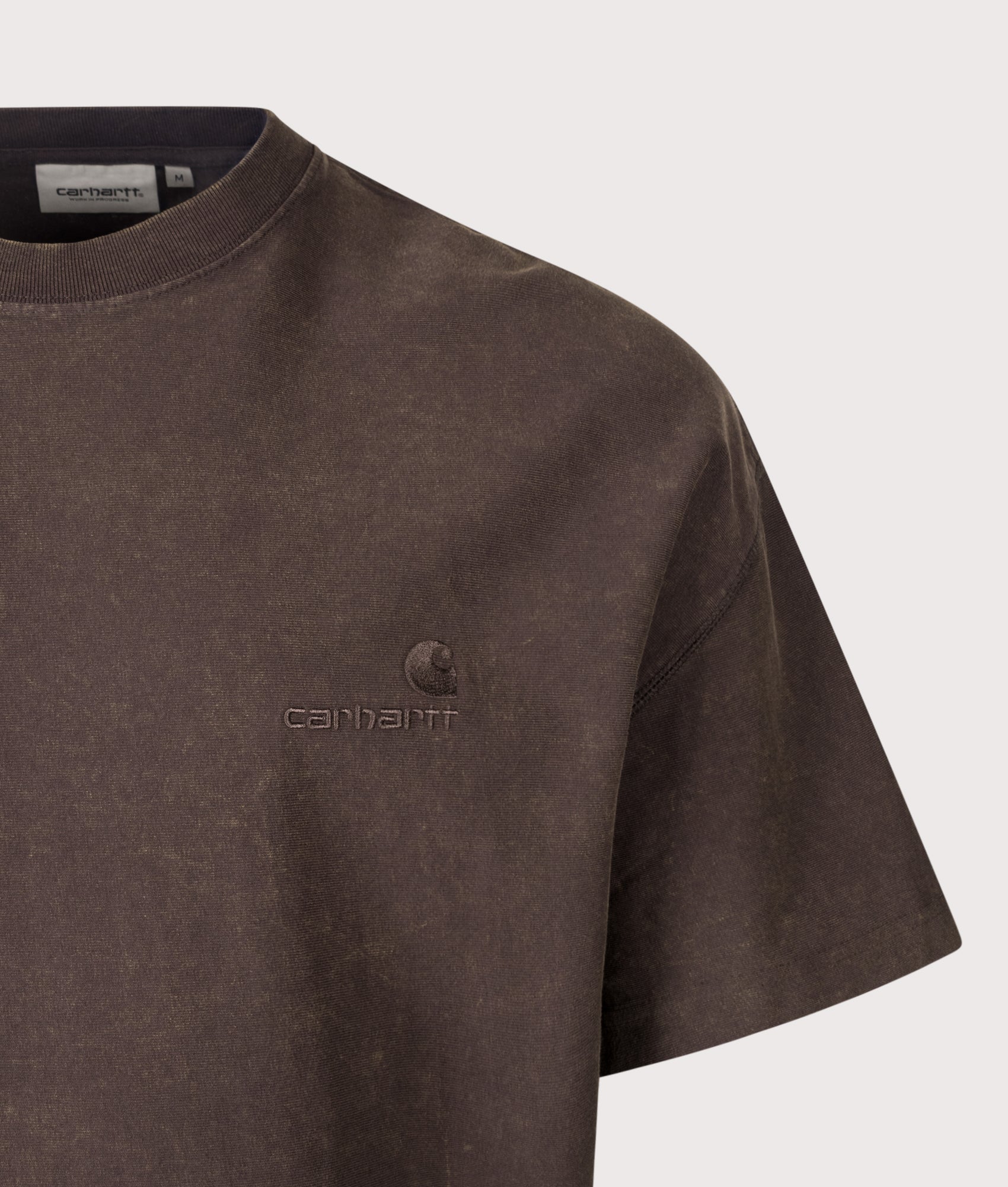 Carhartt WIP Boxy Loose Fit Lambert T-Shirt in Tobacco Moon Wash at EQVVS Menswear. Detail shot.