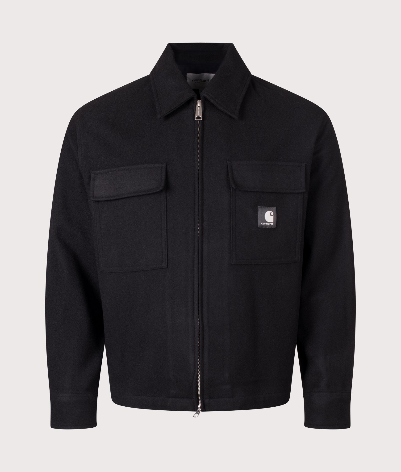 Carhartt WIP Regular Fit Atoka Shirt Jacket in Black at EQVVS Menswear. Front shot.