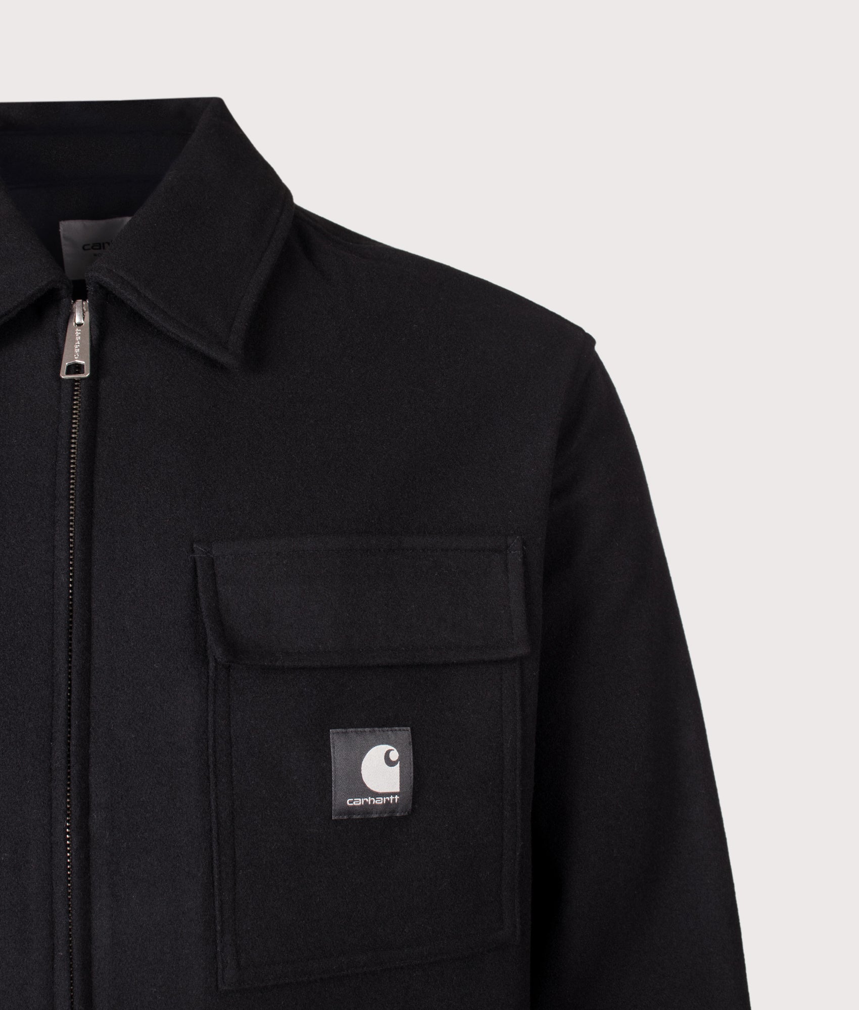 Carhartt WIP Regular Fit Atoka Shirt Jacket in Black at EQVVS Menswear. Detail shot.