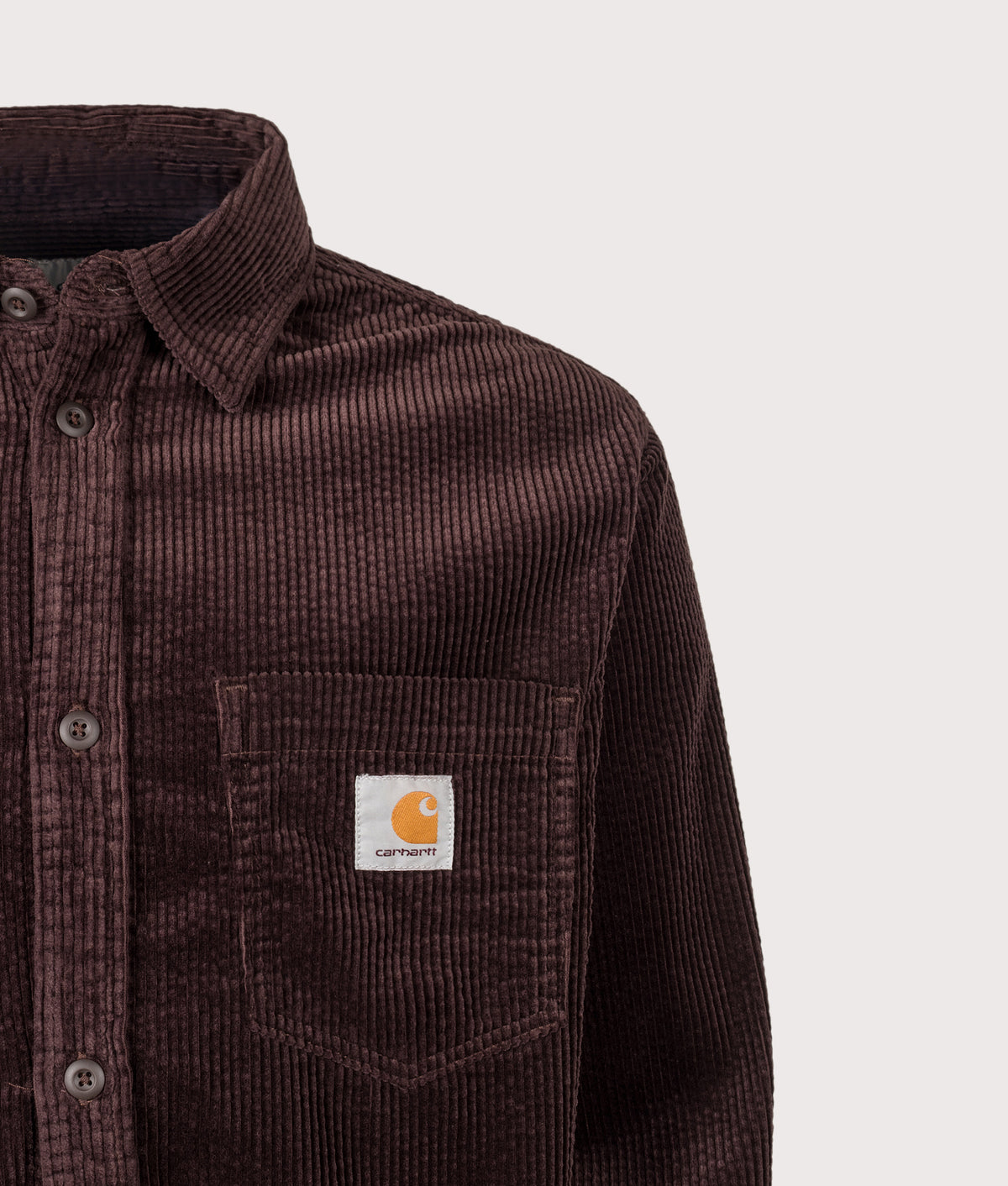 Carhartt WIP Loose Fit Loyde Shirt in Rinsed Palisander at EQVVS Menswear. Detail shot.