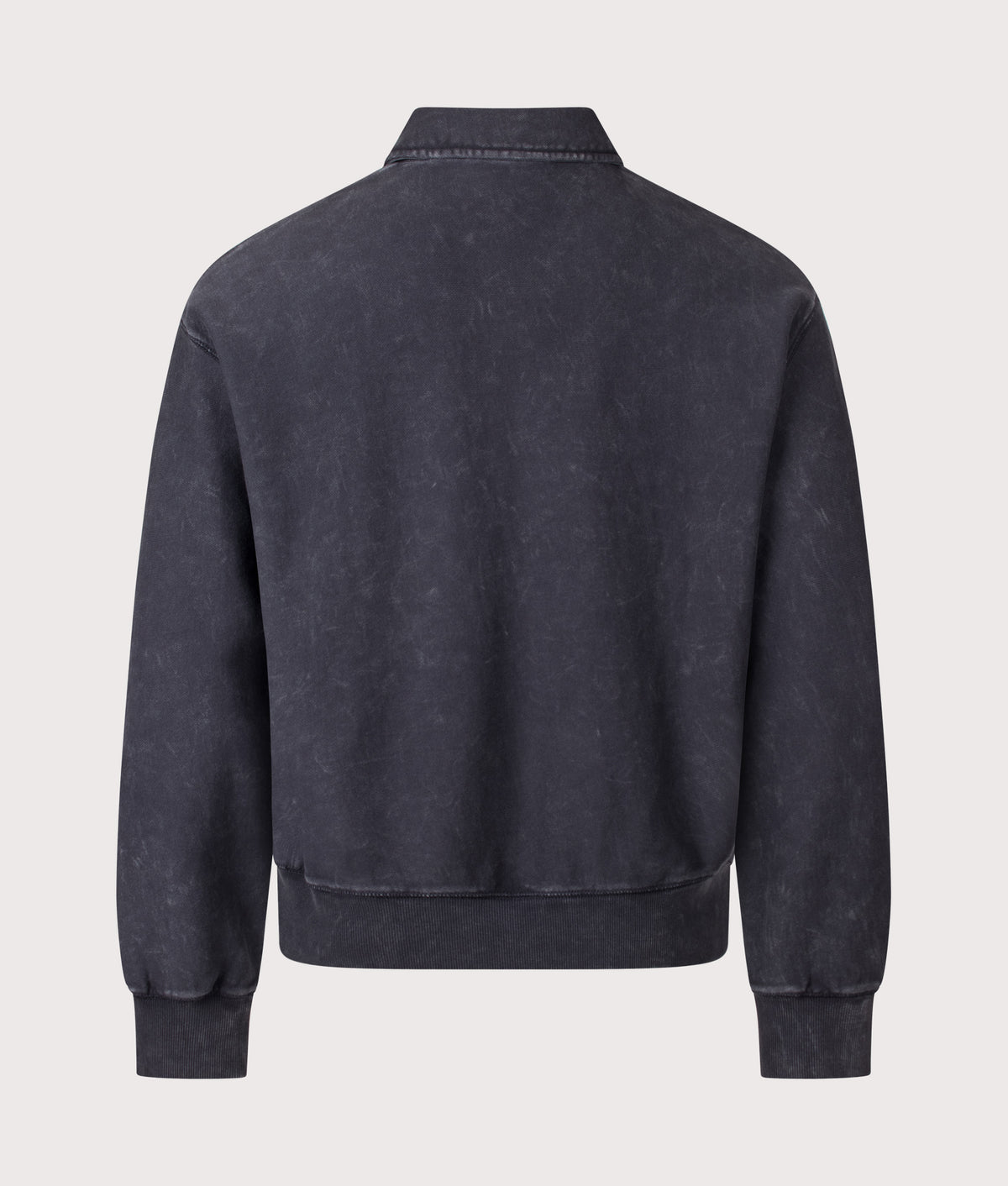 Carhartt WIP Boxy Loose Fit Lambert Polo Neck Sweatshirt in Black Moon Wash at EQVVS Menswear. Back shot.