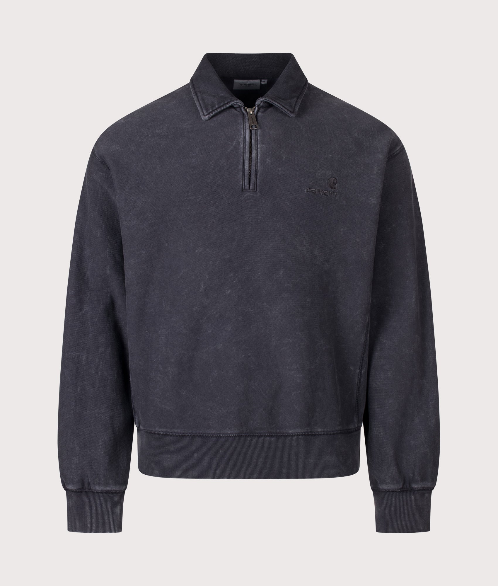 Carhartt WIP Boxy Loose Fit Lambert Polo Neck Sweatshirt in Black Moon Wash at EQVVS Menswear. Front shot.