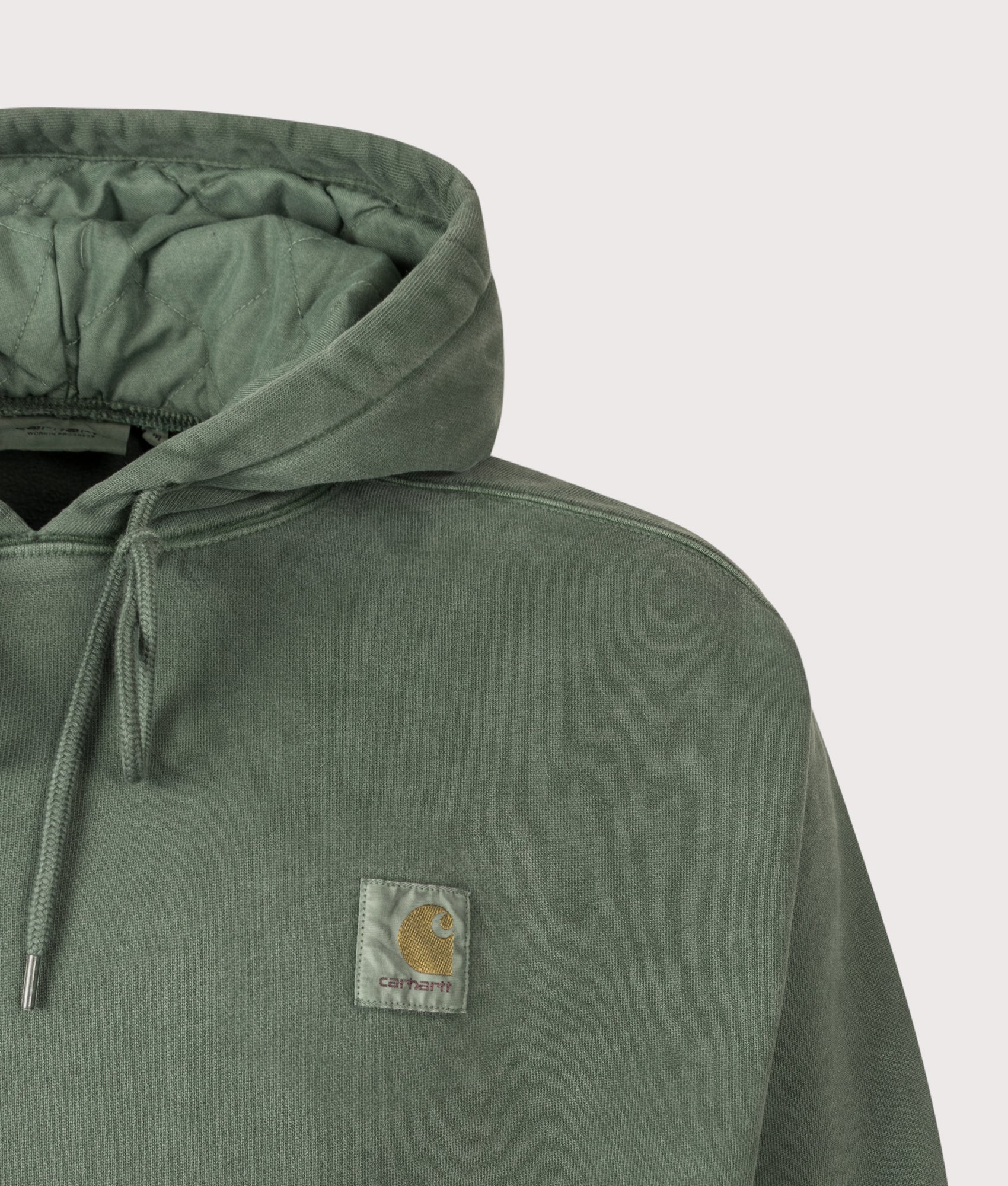 Carhartt WIP Balloon Fit Vista Hoodie in Dark Scarab at EQVVS Menswear. Detail shot.