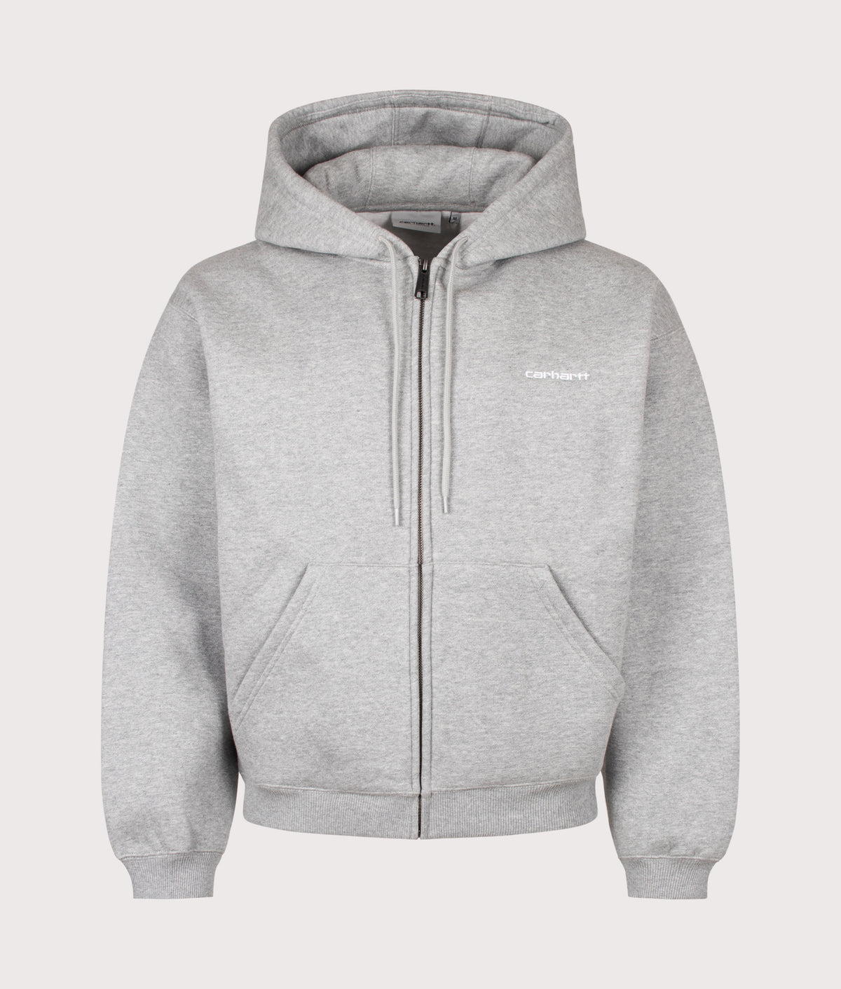 Carhartt WIP Loose Fit Ebbert Zip Through Hoodie in Grey Heather and White at EQVVS Menswear. Front shot.