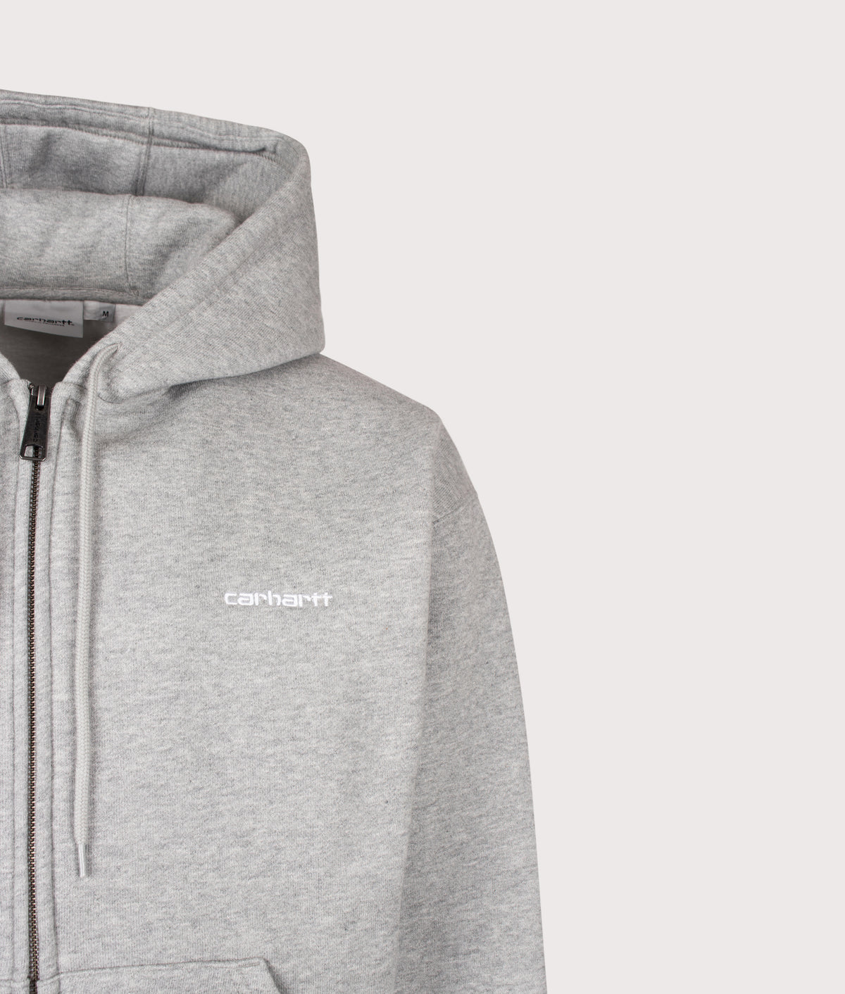 Carhartt WIP Loose Fit Ebbert Zip Through Hoodie in Grey Heather and White at EQVVS Menswear. Detail shot.