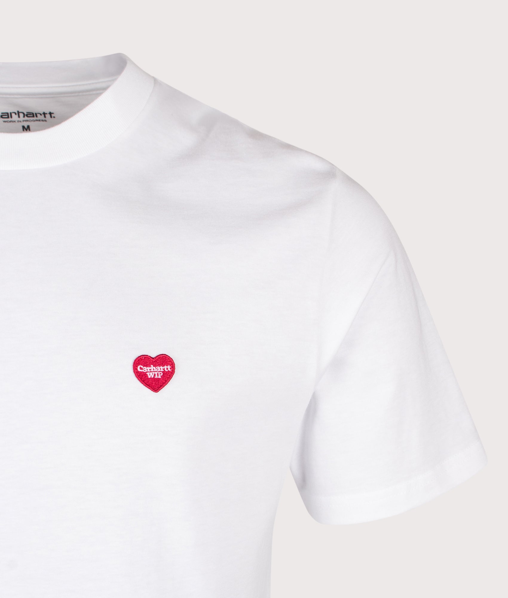 Carhartt WIP Regular Fit Small Heart T-Shirt in White at EQVVS Menswear. Detail shot.