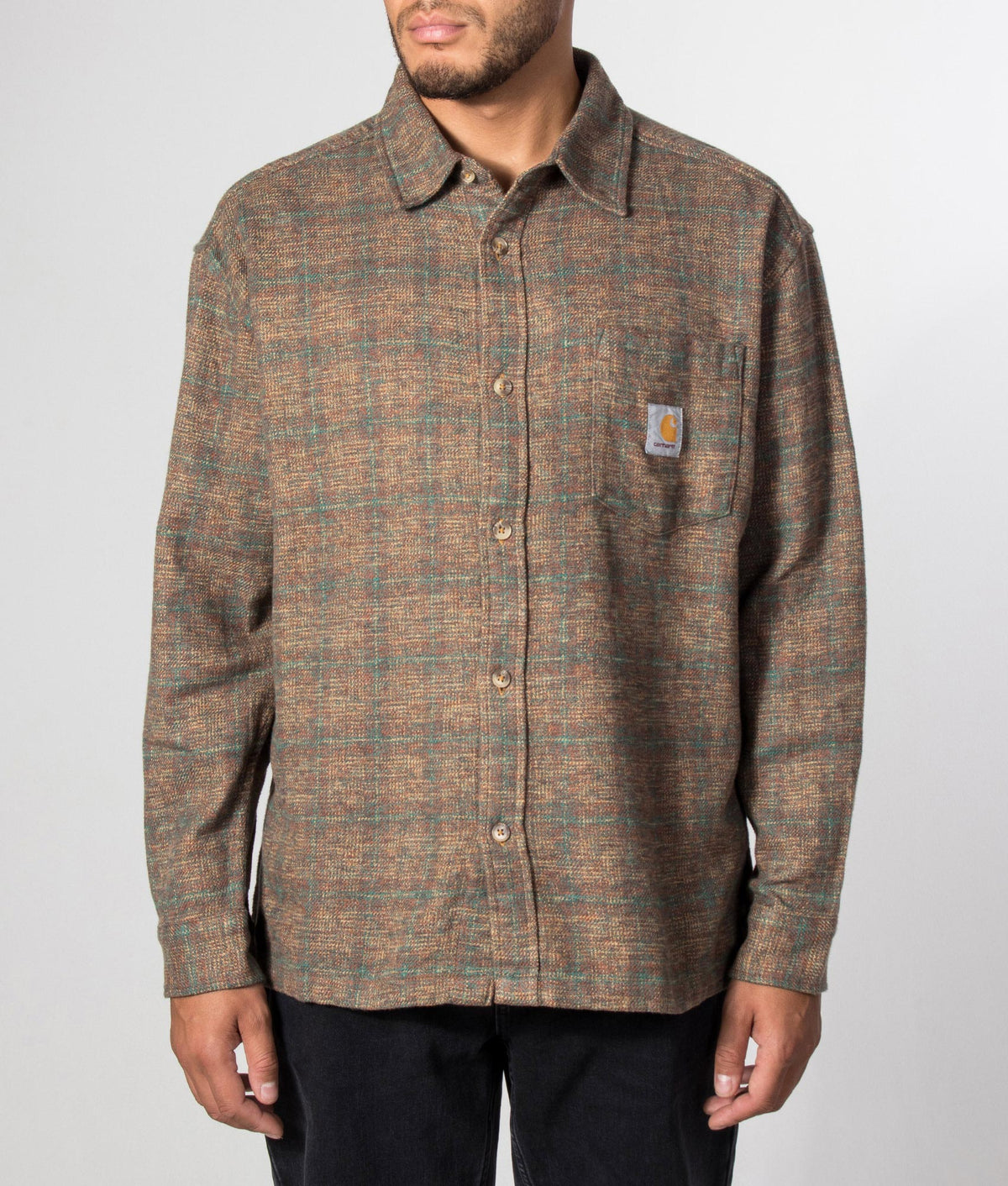 Carhartt WIP Loose Fit Bagley Shirt in Bagley Check and Hamilton Brown at EQVVS Menswear. Model front shot.