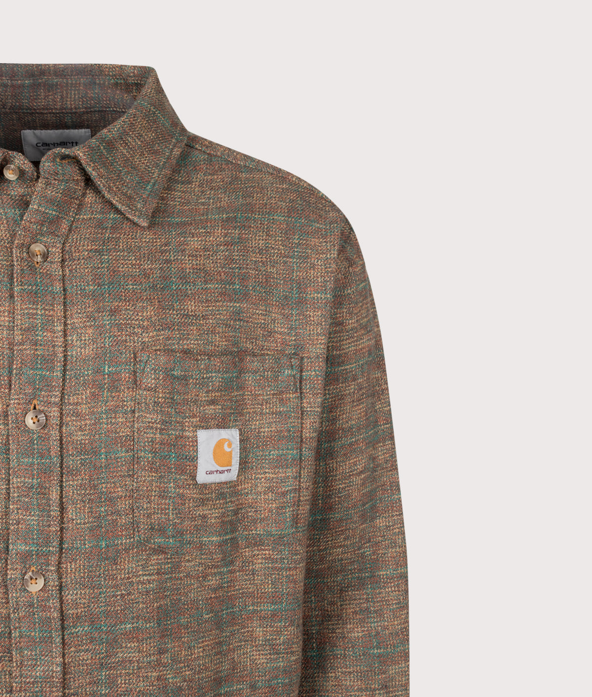 Carhartt WIP Loose Fit Bagley Shirt in Bagley Check and Hamilton Brown at EQVVS Menswear. Detail shot.