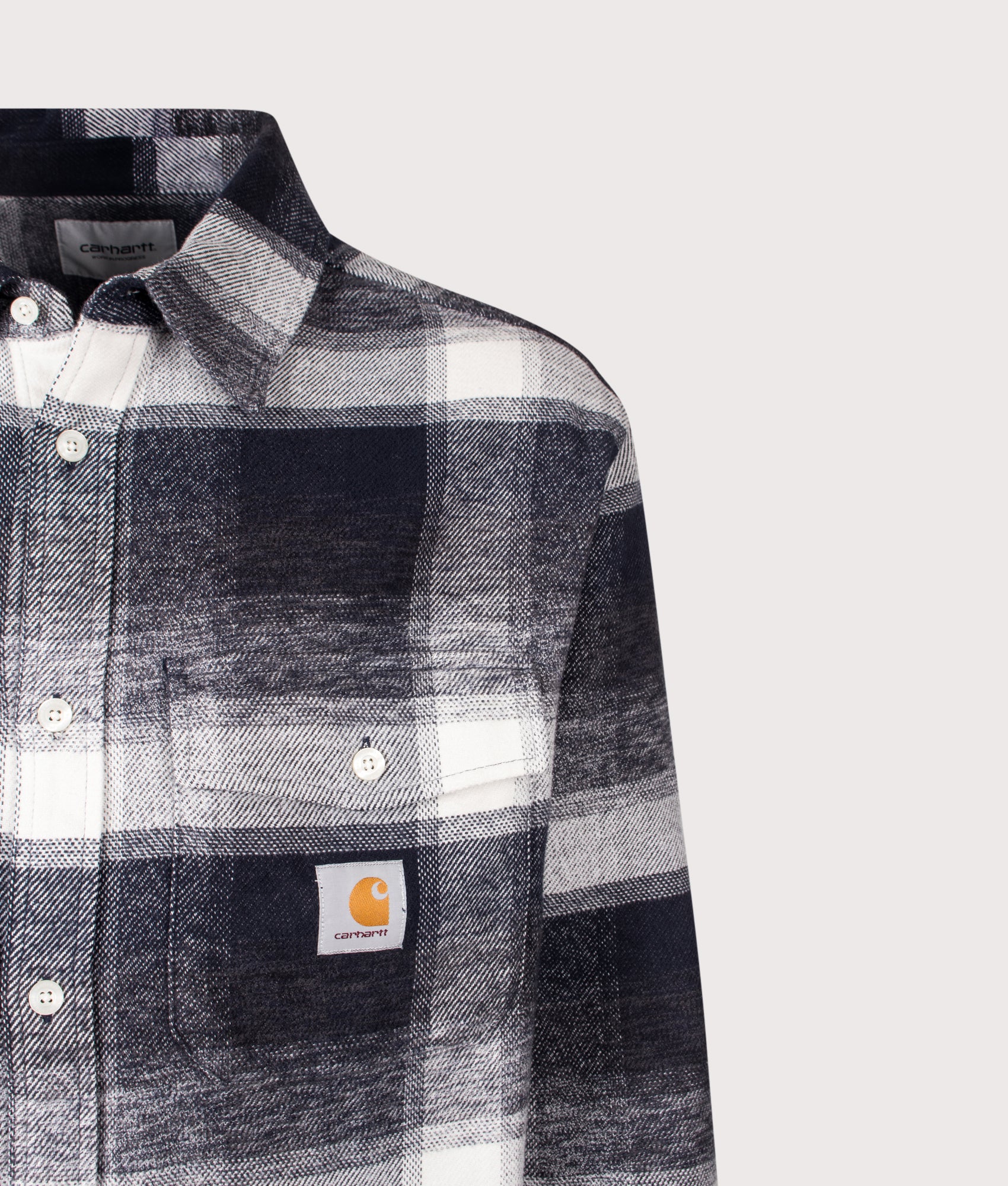 Carhartt WIP Regular Fit Esterson Shirt in  Esterson Check and Dark Navy at EQVVS Menswear. Detail shot.