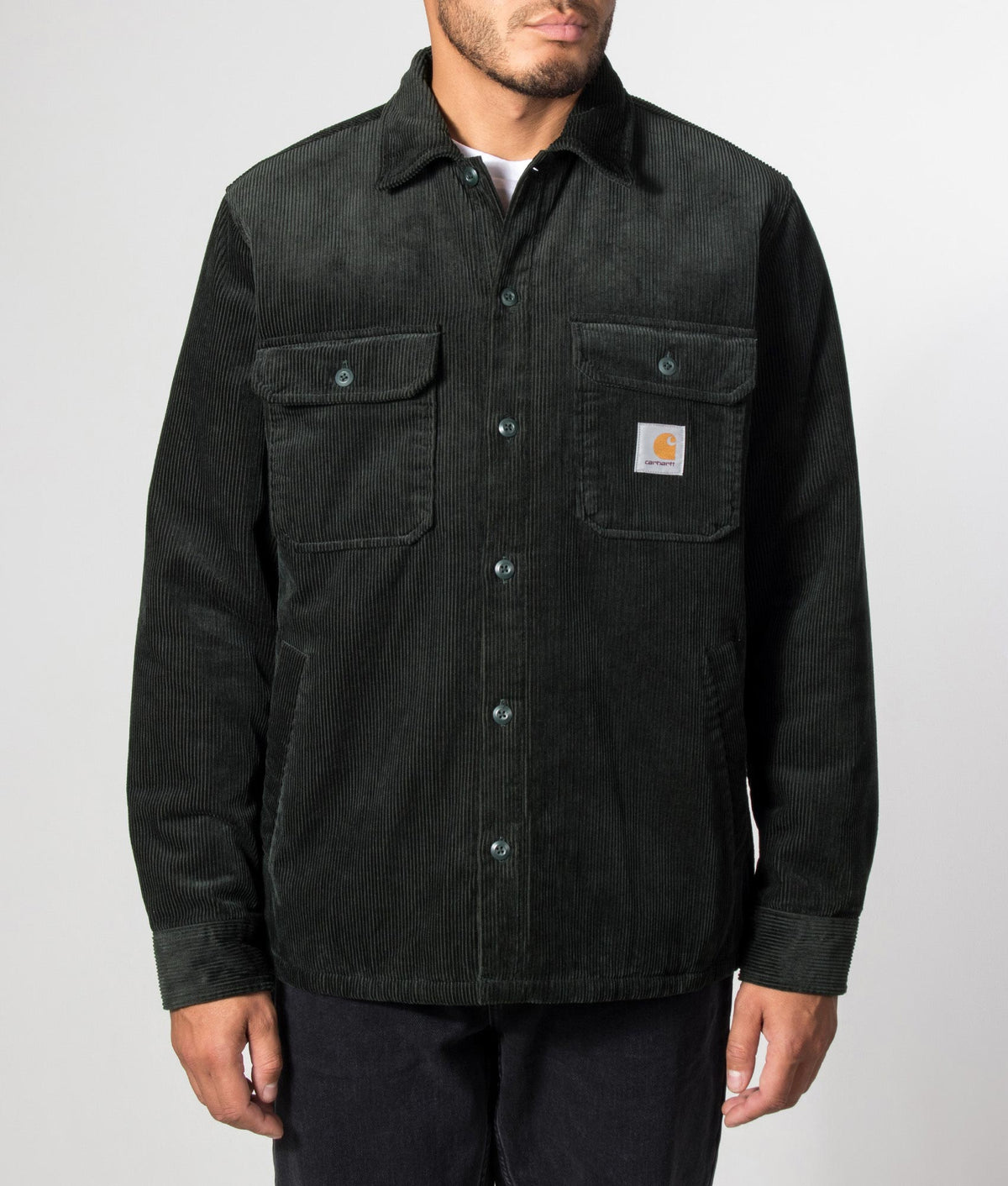 Carhartt WIP Loose Fit Whitsome Overshirt in Raven at EQVVS Menswear. Model front shot.
