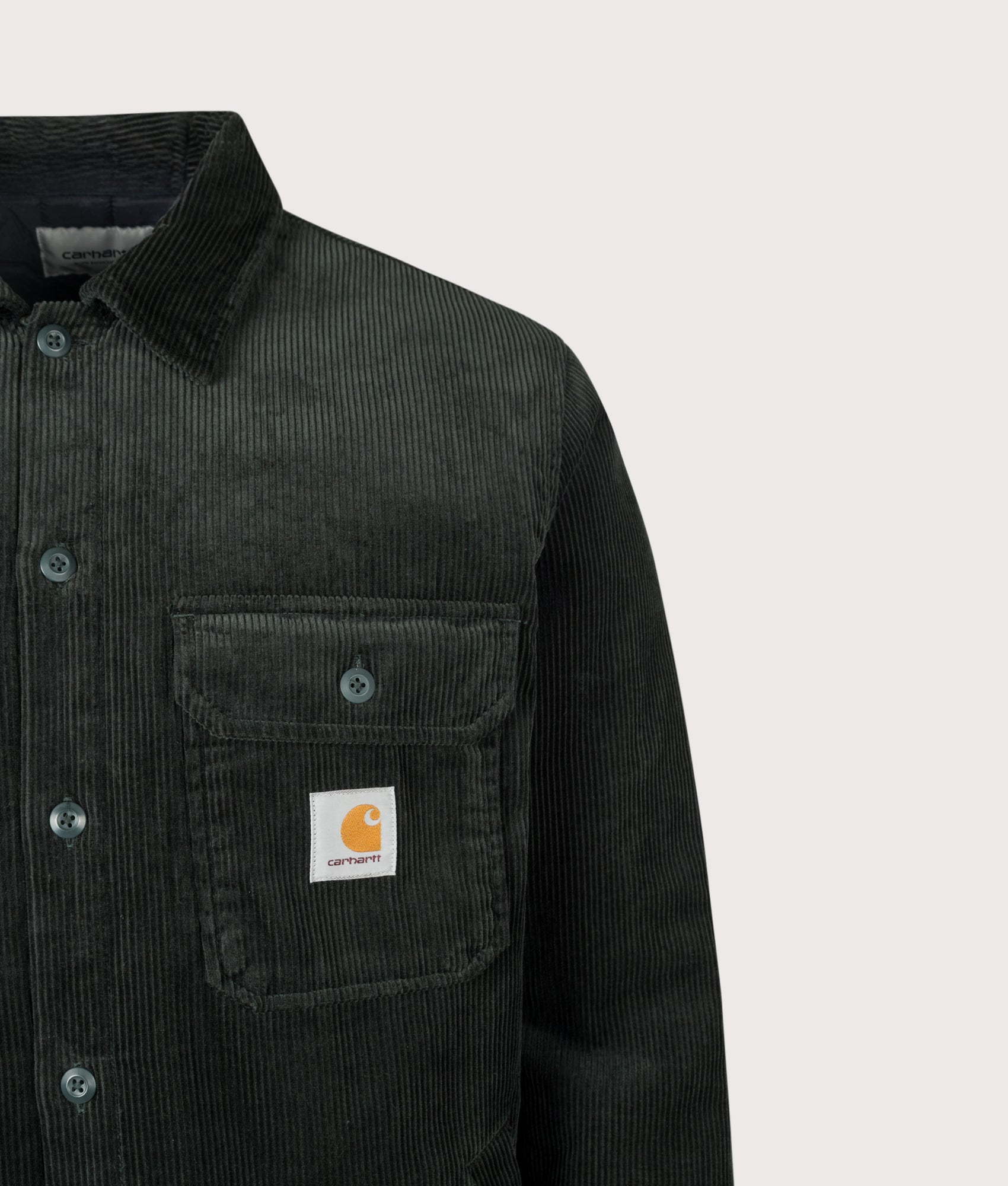 Carhartt WIP Loose Fit Whitsome Overshirt in Raven at EQVVS Menswear. Detail shot.