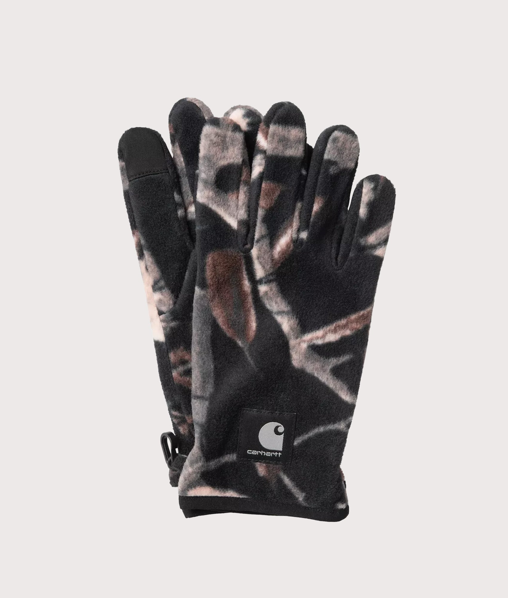 Carhartt WIP Blevin Gloves in Camo Feather Tree and Black at EQVVS Menswear. Front shot.