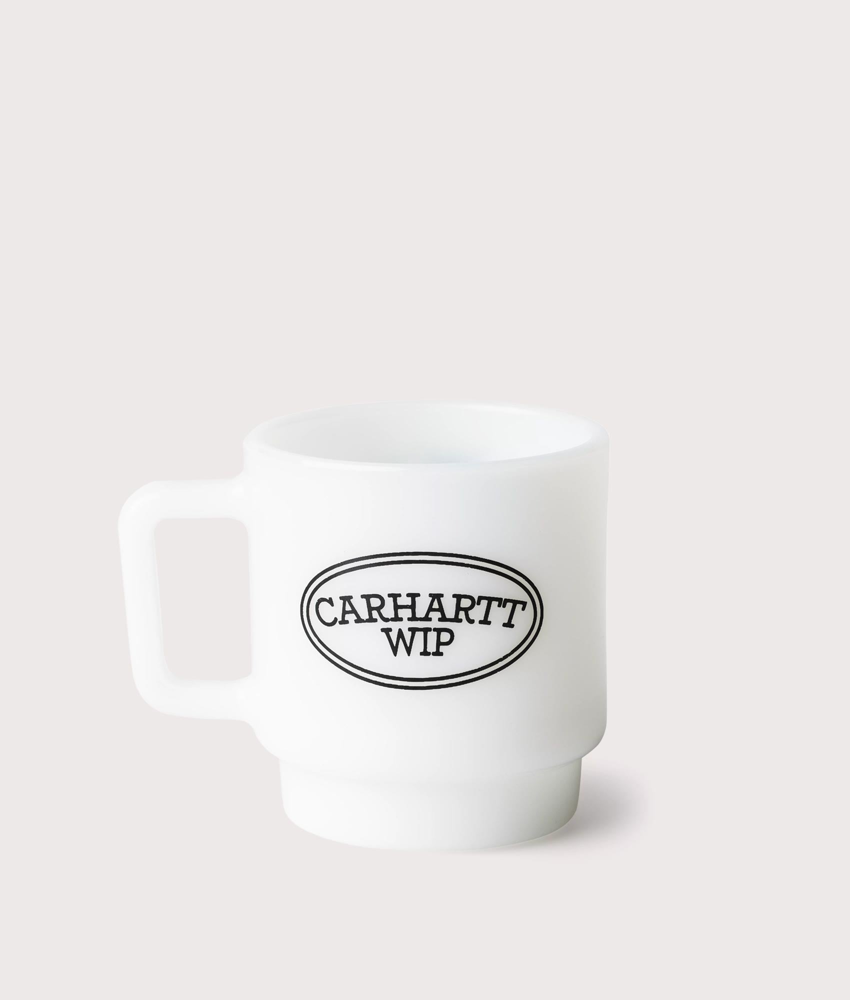 Carhartt WIP Hugging Cats Milk Glass Mug in white at EQVVS Menswear. Front shot.