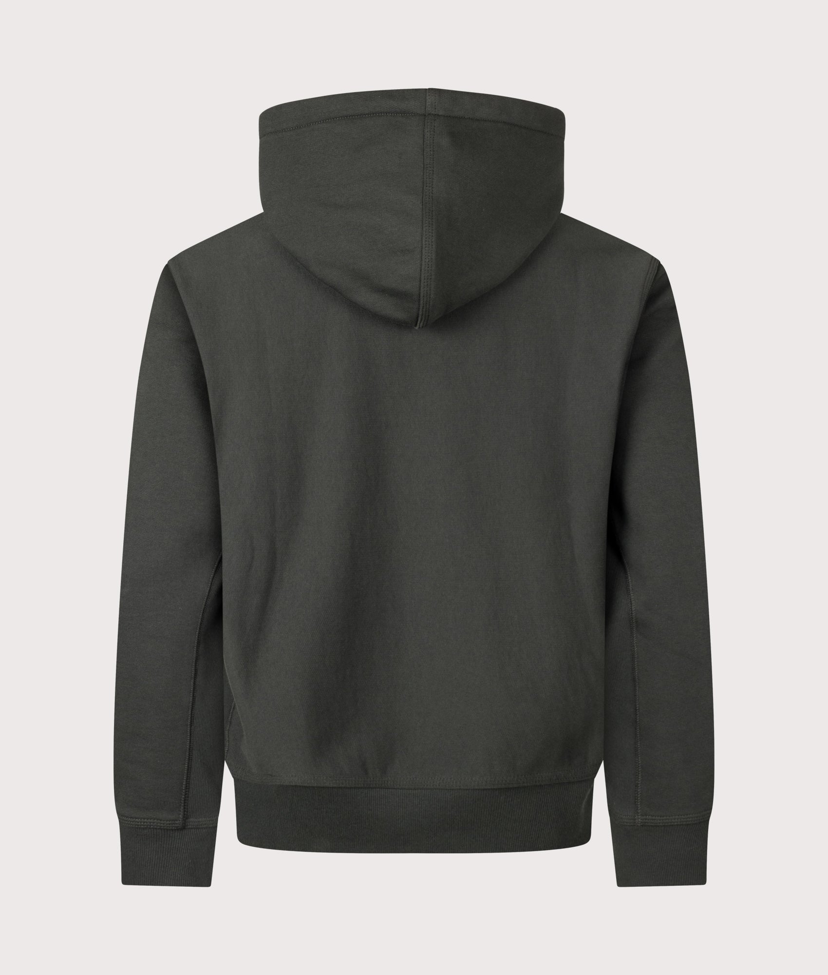 Carhartt WIP Loose Fit American Script Hoodie in Raven at EQVVS Menswear. Back shot.
