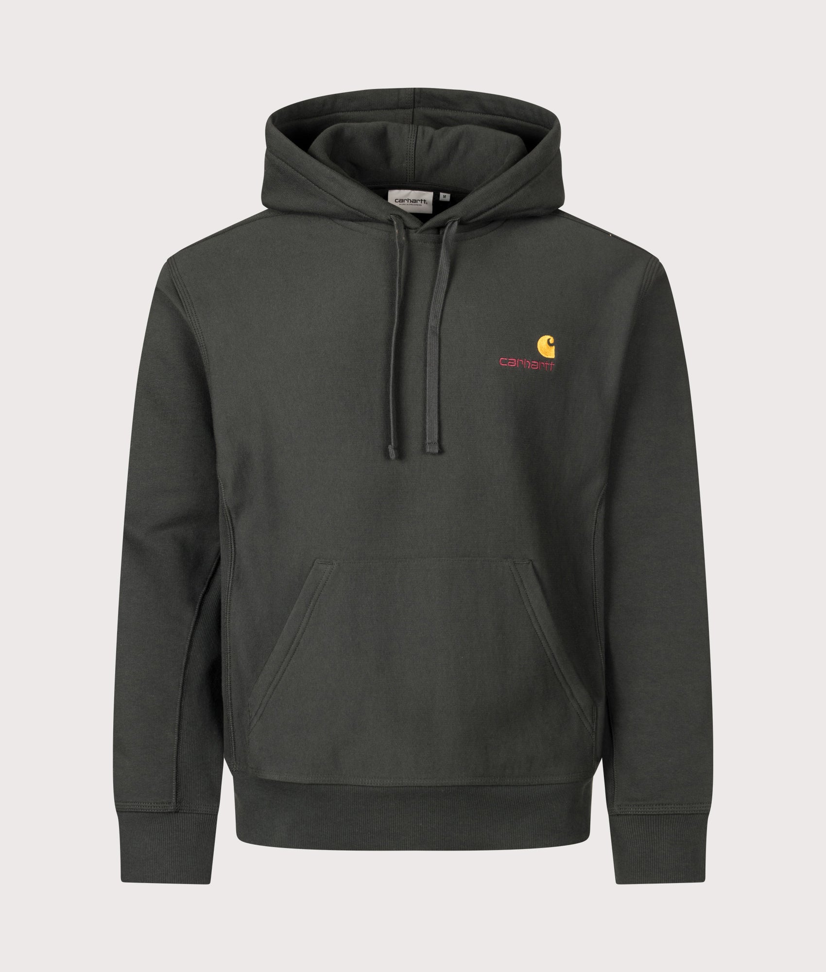 Carhartt WIP Loose Fit American Script Hoodie in Raven at EQVVS Menswear. Front shot.