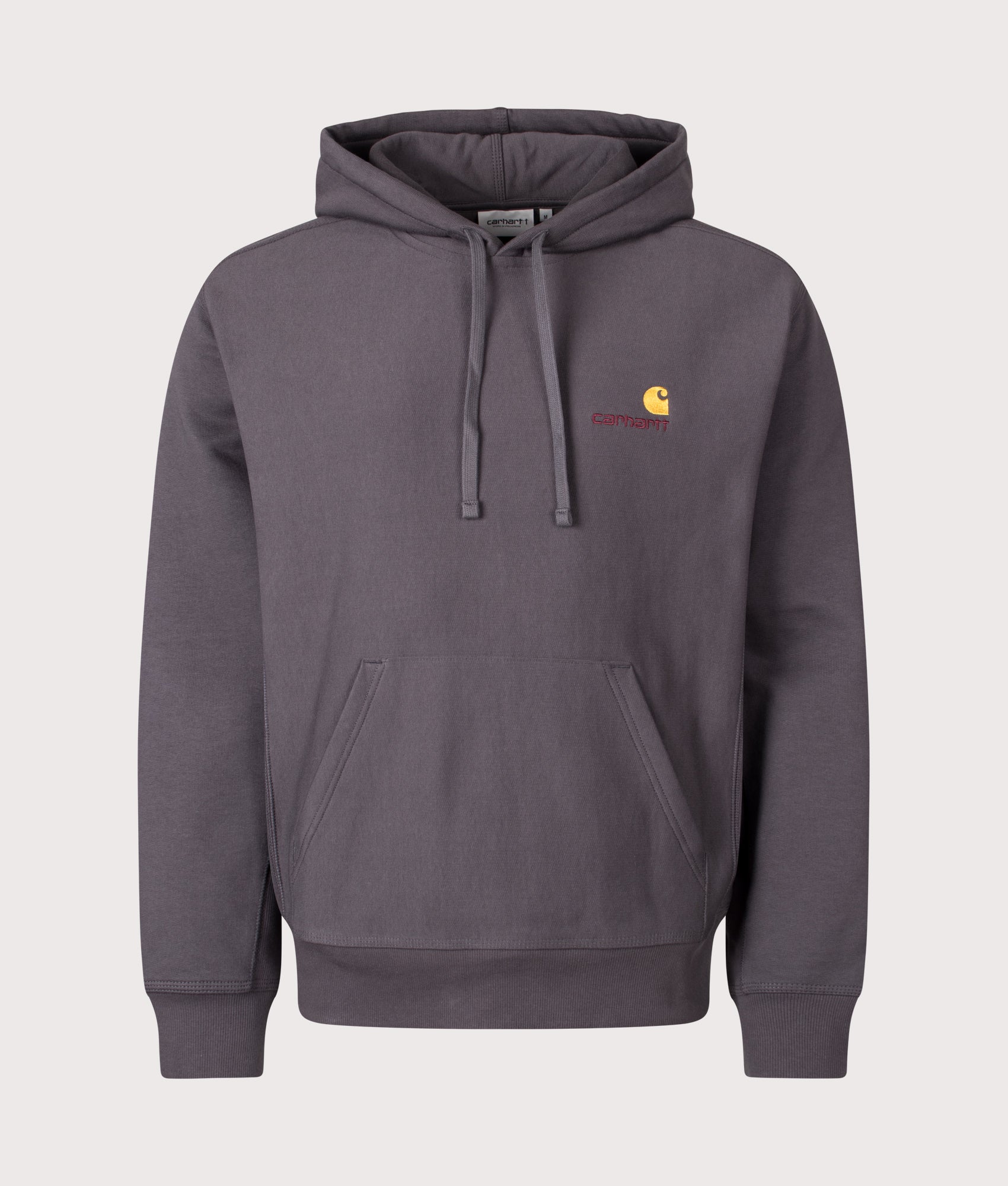 Carhartt WIP Loose Fit American Script Hoodie in Graphite at EQVVS Menswear. Front shot.