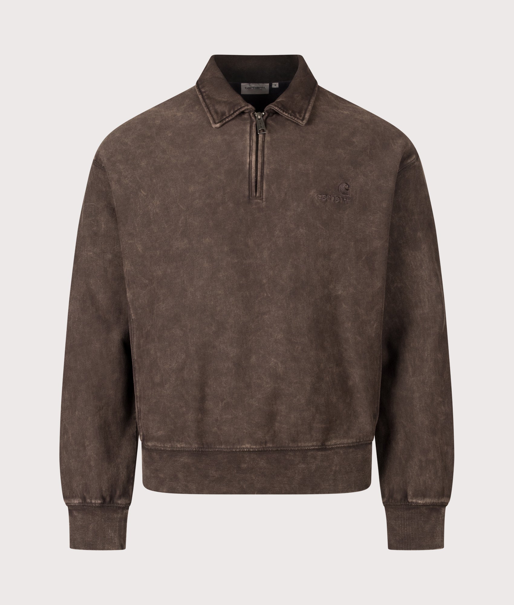 Carhartt WIP Boxy Loose Fit Lambert Polo Neck Sweatshirt in Tobacco Moon Wash at EQVVS Menswear. Front shot.