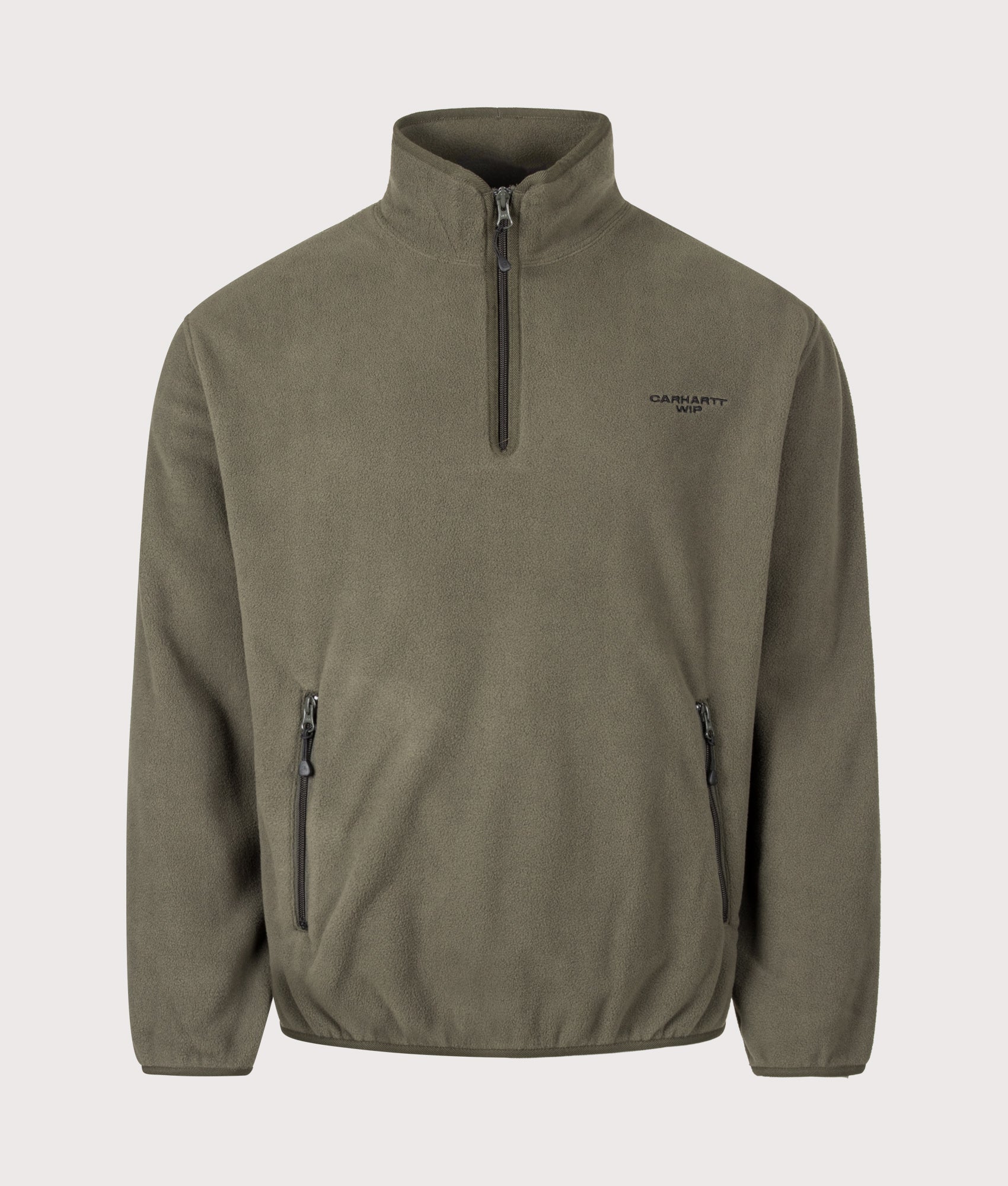 Carhartt WIP Balloon Fit Edmore Quarter Zip Fleece Sweatshirt in Cypress and Black at EQVVS Menswear. Front shot.