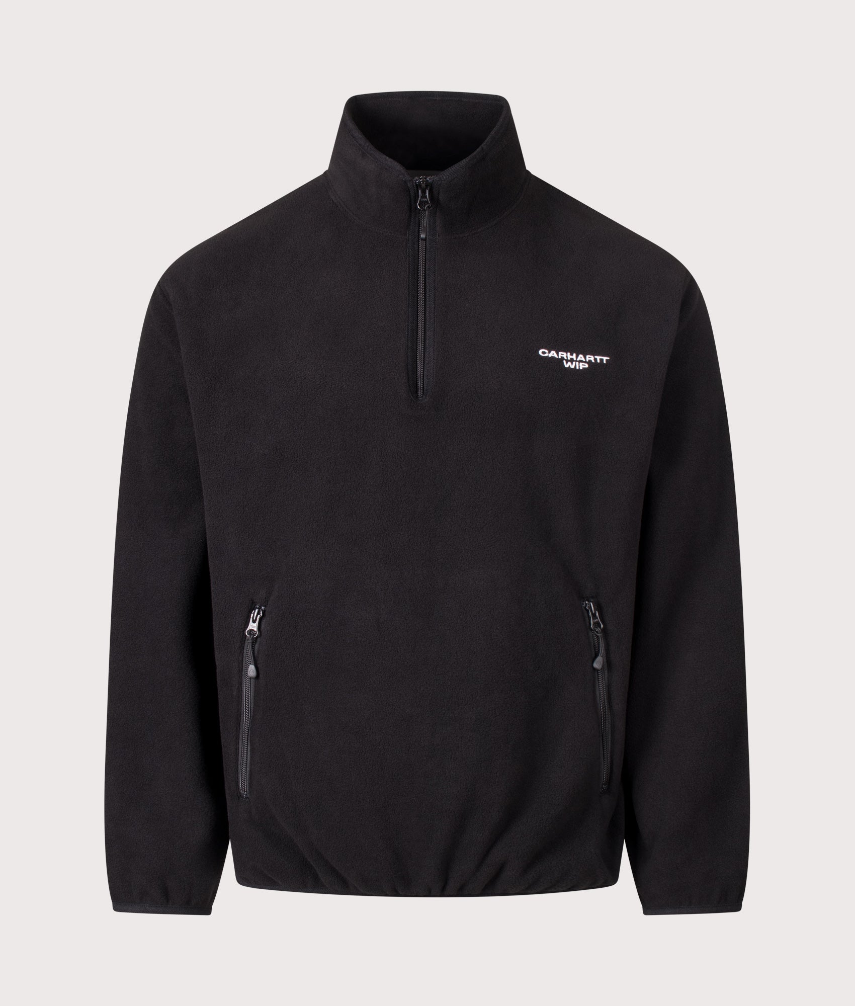Carhartt WIP Balloon Fit Edmore Quarter Zip Fleece Sweatshirt in Black and White at EQVVS Menswear. Front shot.
