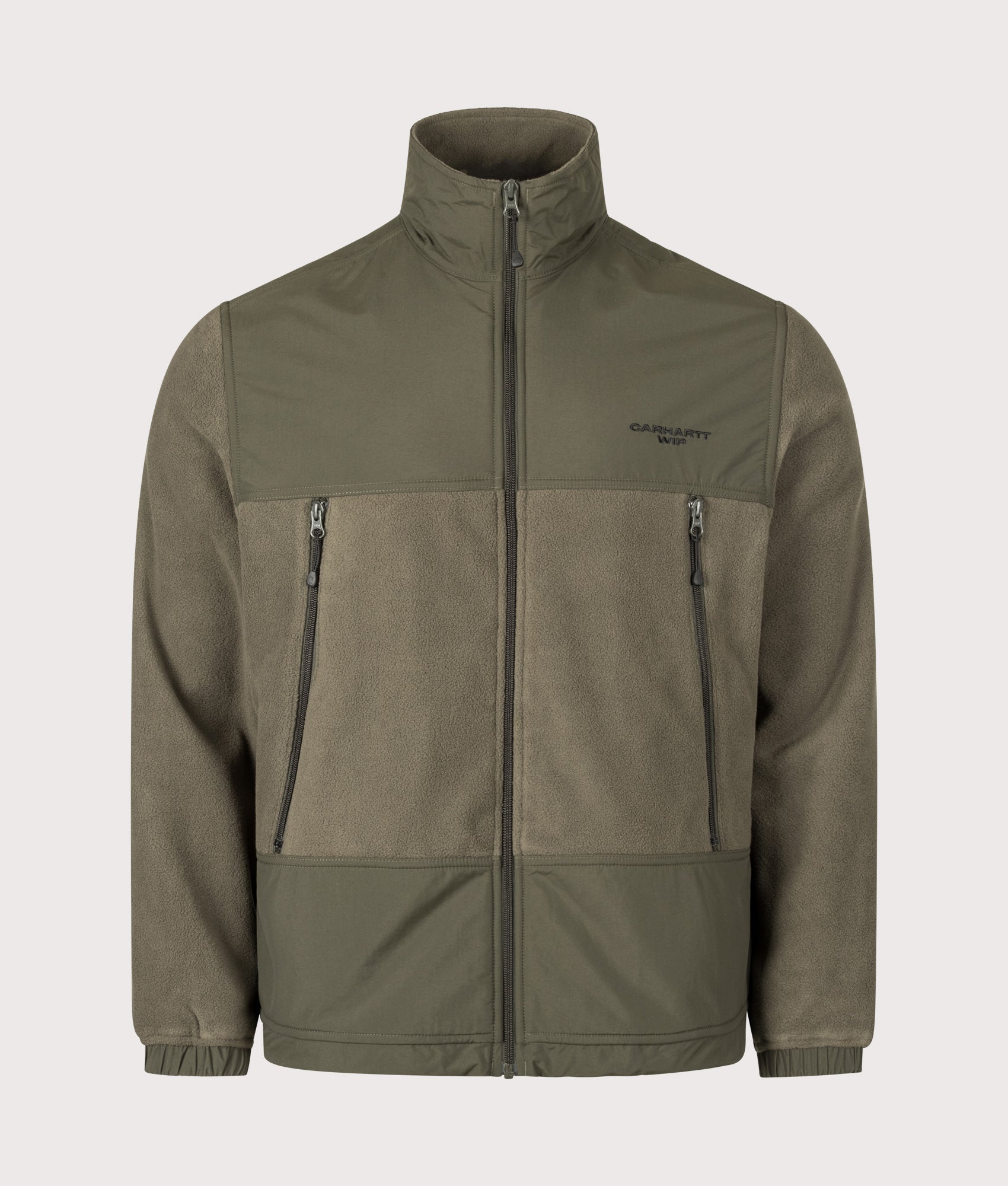 Carhartt WIP Balloon Fit Edmore Fleece Jacket in Cypress and Black at EQVVS Menswear. Front shot.