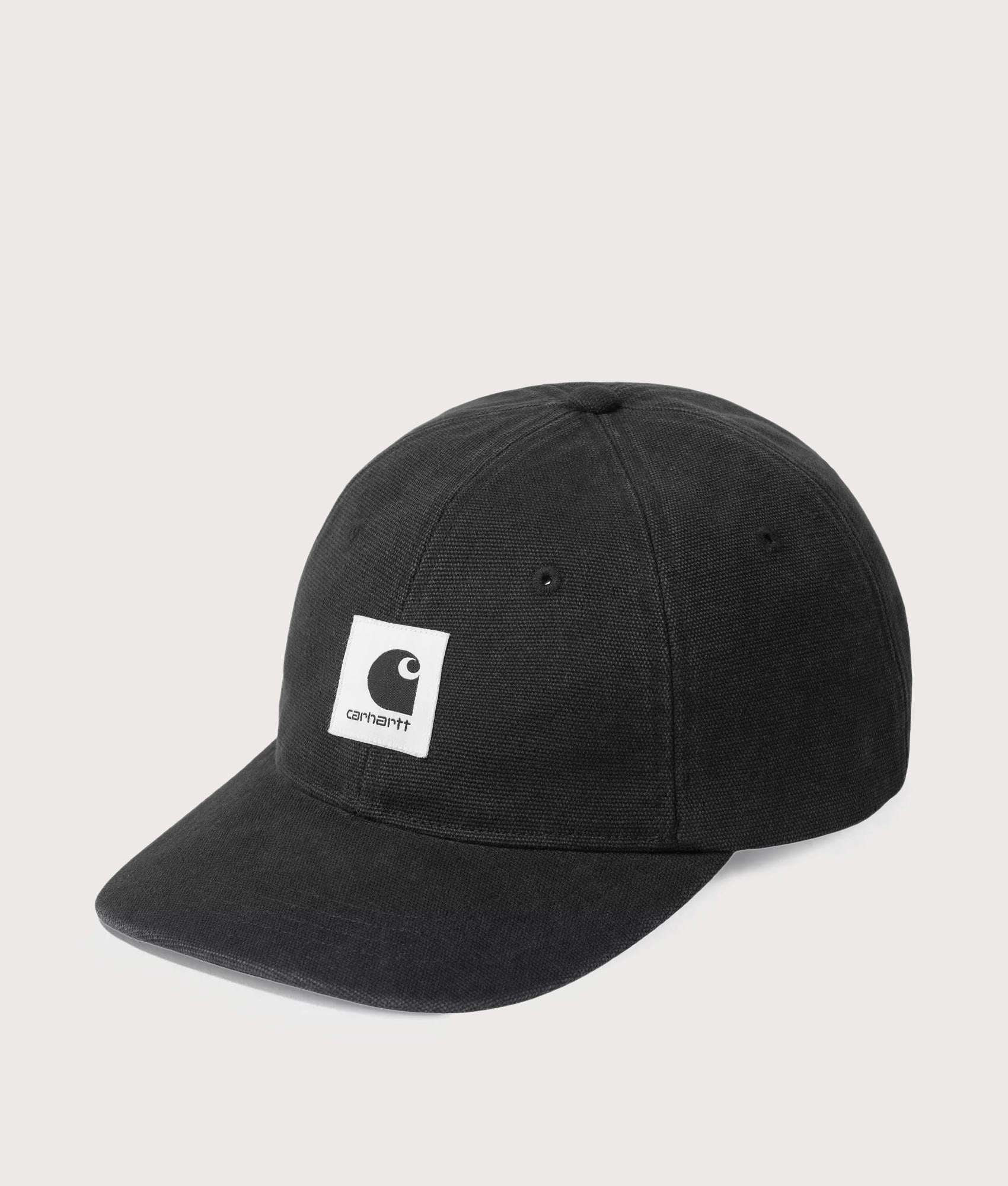 Carhartt WIP Canvas Cap in Black Stone Wash at EQVVS Menswear. Front shot.