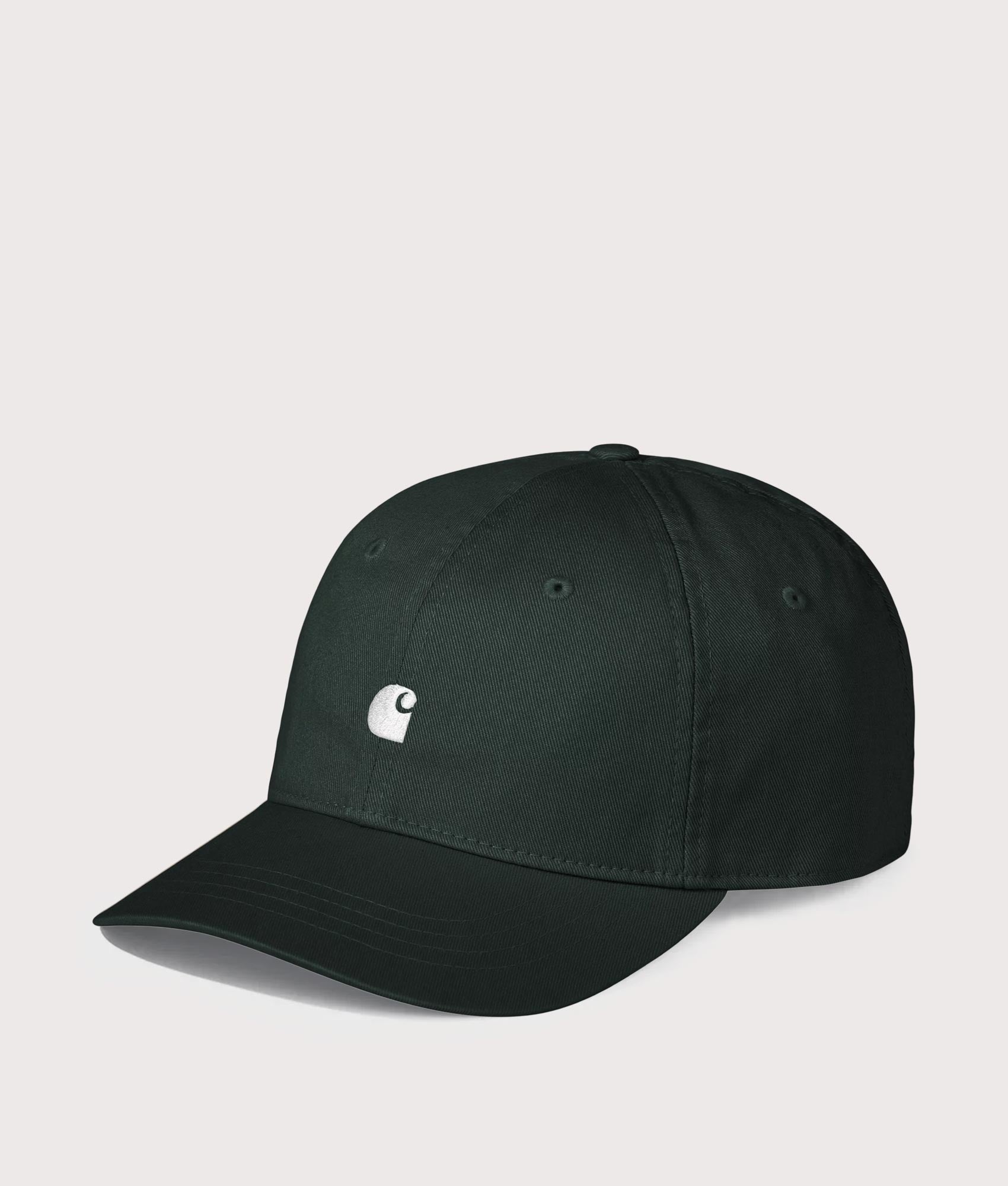 Carhartt WIP Madison Logo Cap in Dark Scarab and White at EQVVS Menswear. Angled front shot.