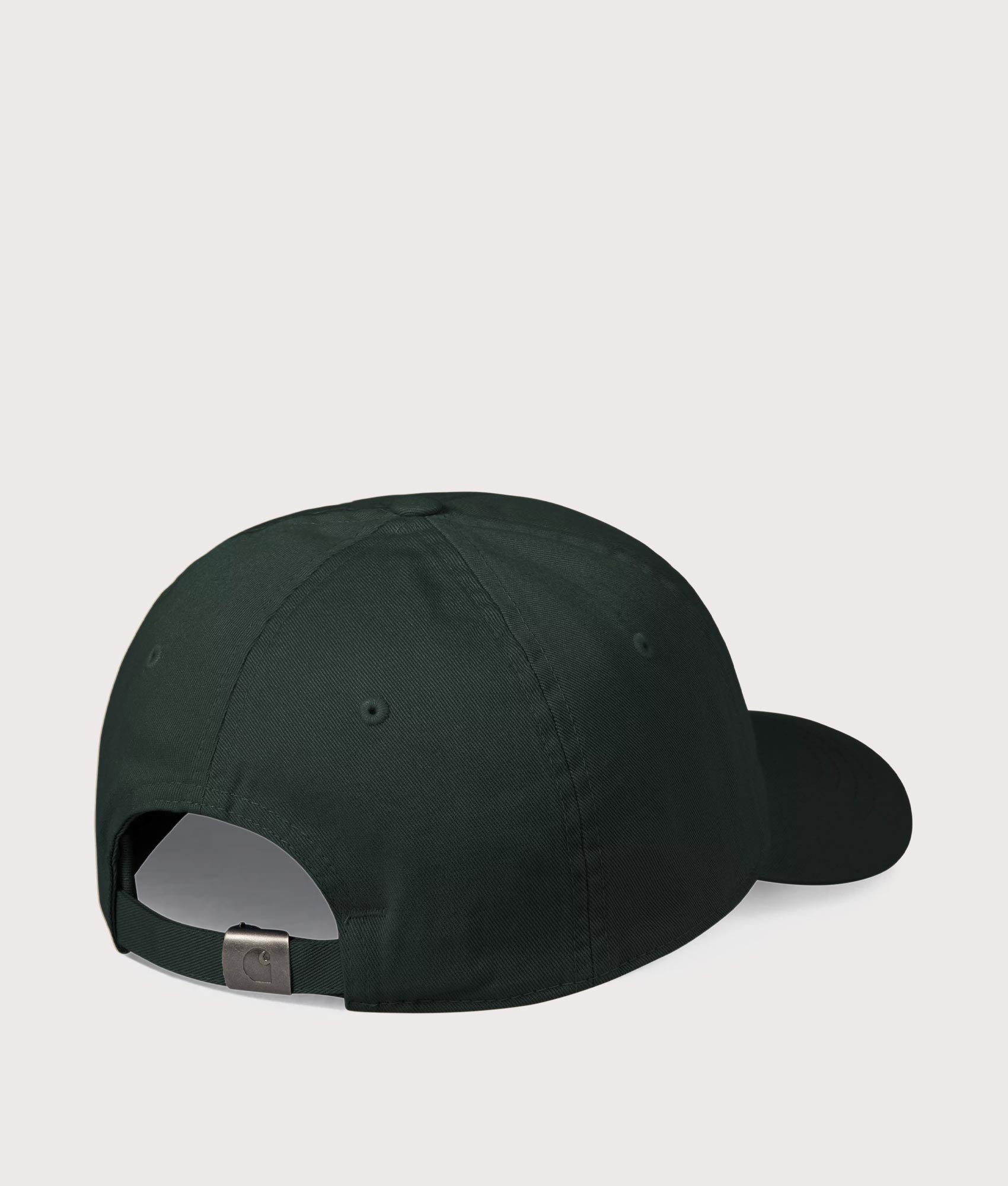 Carhartt WIP Madison Logo Cap in Dark Scarab and White at EQVVS Menswear. Back shot.