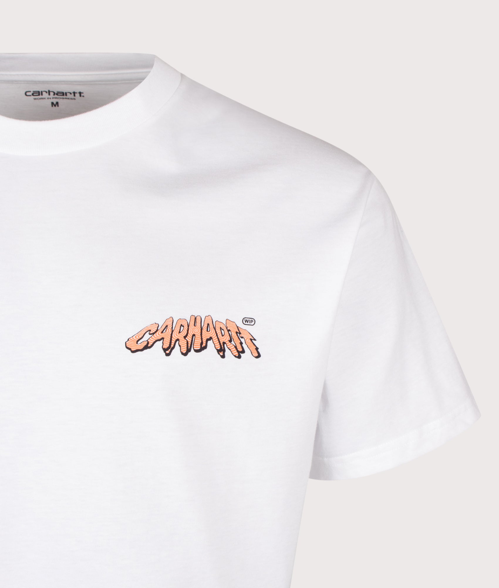 Carhartt WIP Loose Fit Wiptopia II T-Shirt in White at EQVVS Menswear. Detail shot.