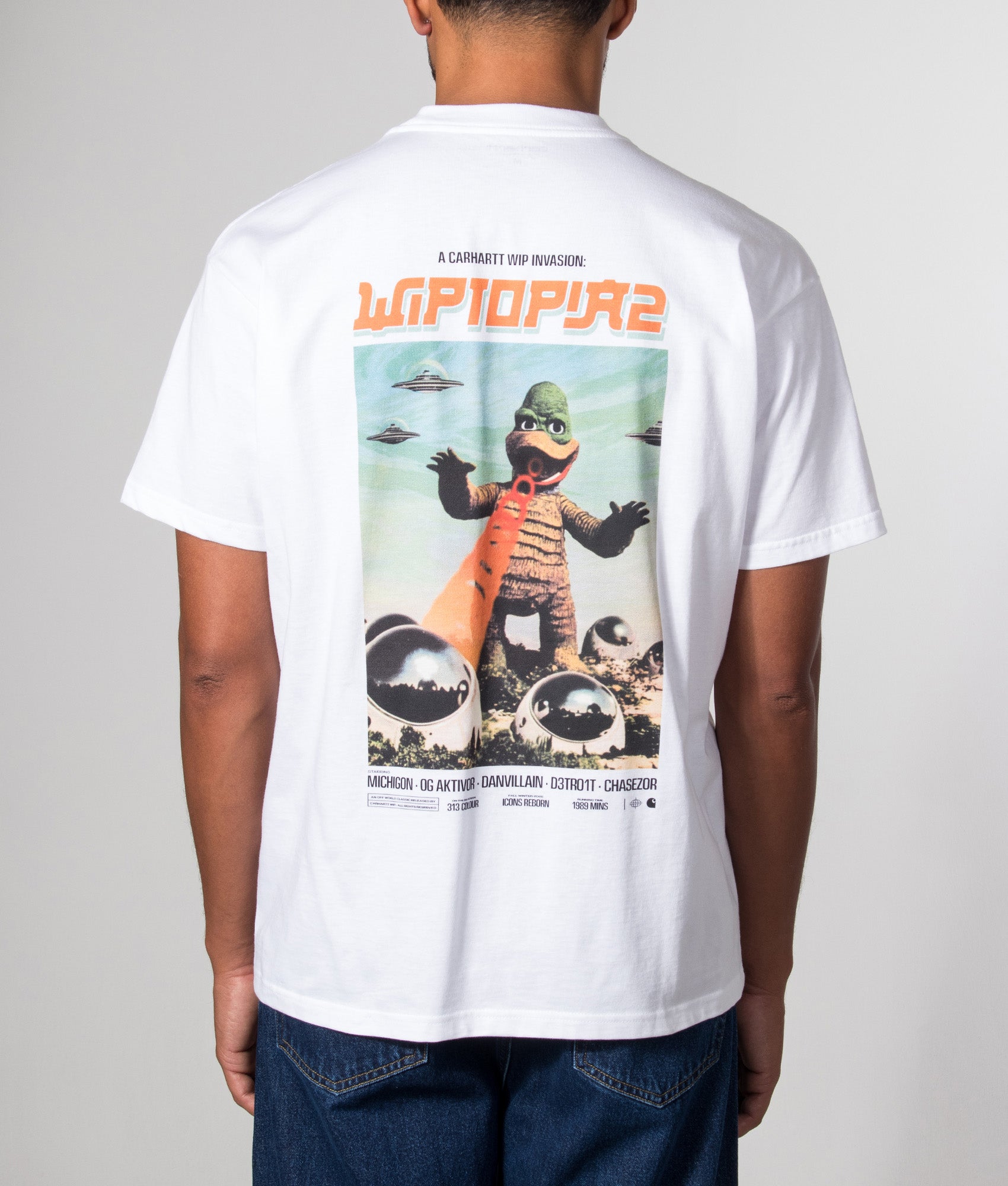 Carhartt WIP Loose Fit Wiptopia II T-Shirt in White at EQVVS Menswear. Model back shot.