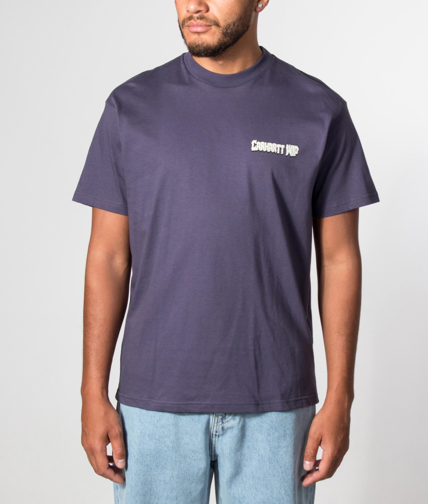 Carhartt WIP Loose Fit Wiptopia II T-Shirt in Shady Purple at EQVVS Menswear. Model front shot.