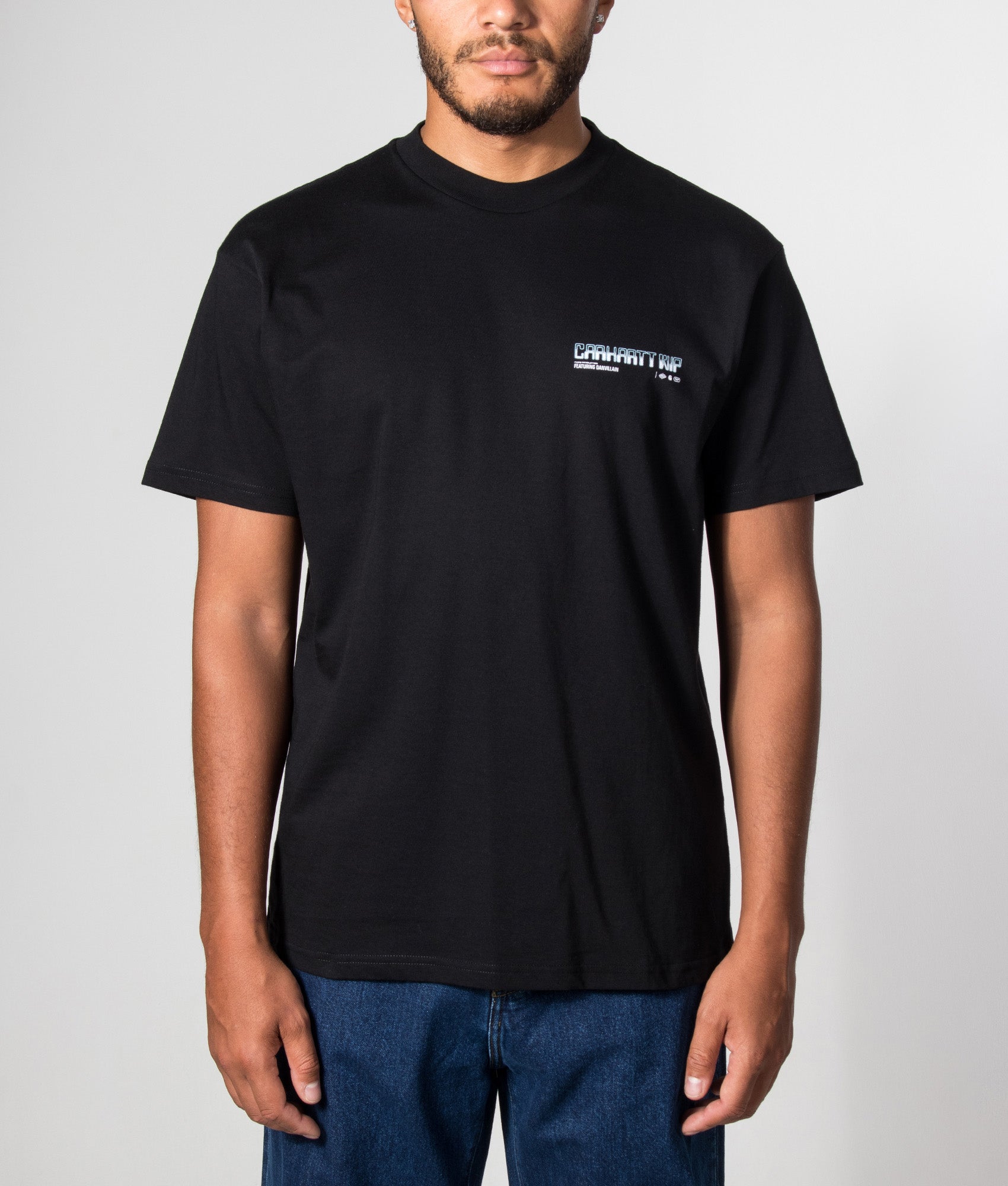 Carhartt WIP Loose Fit Wiptopia II T-Shirt in Black at EQVVS Menswear. Model front shot.