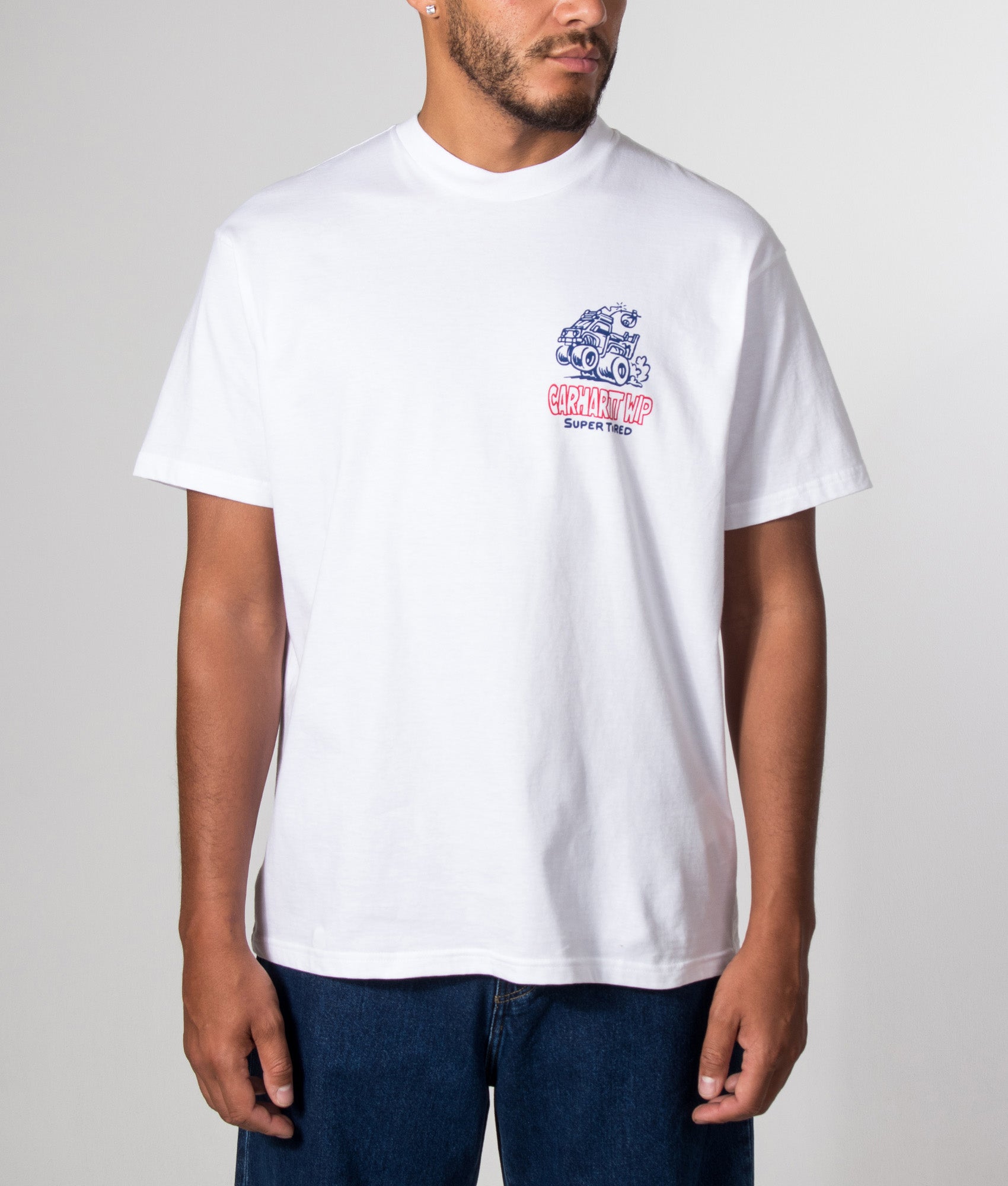 Carhartt WIP Loose Fit Hot Rat T-Shirt in White at EQVVS Menswear. Model front shot.