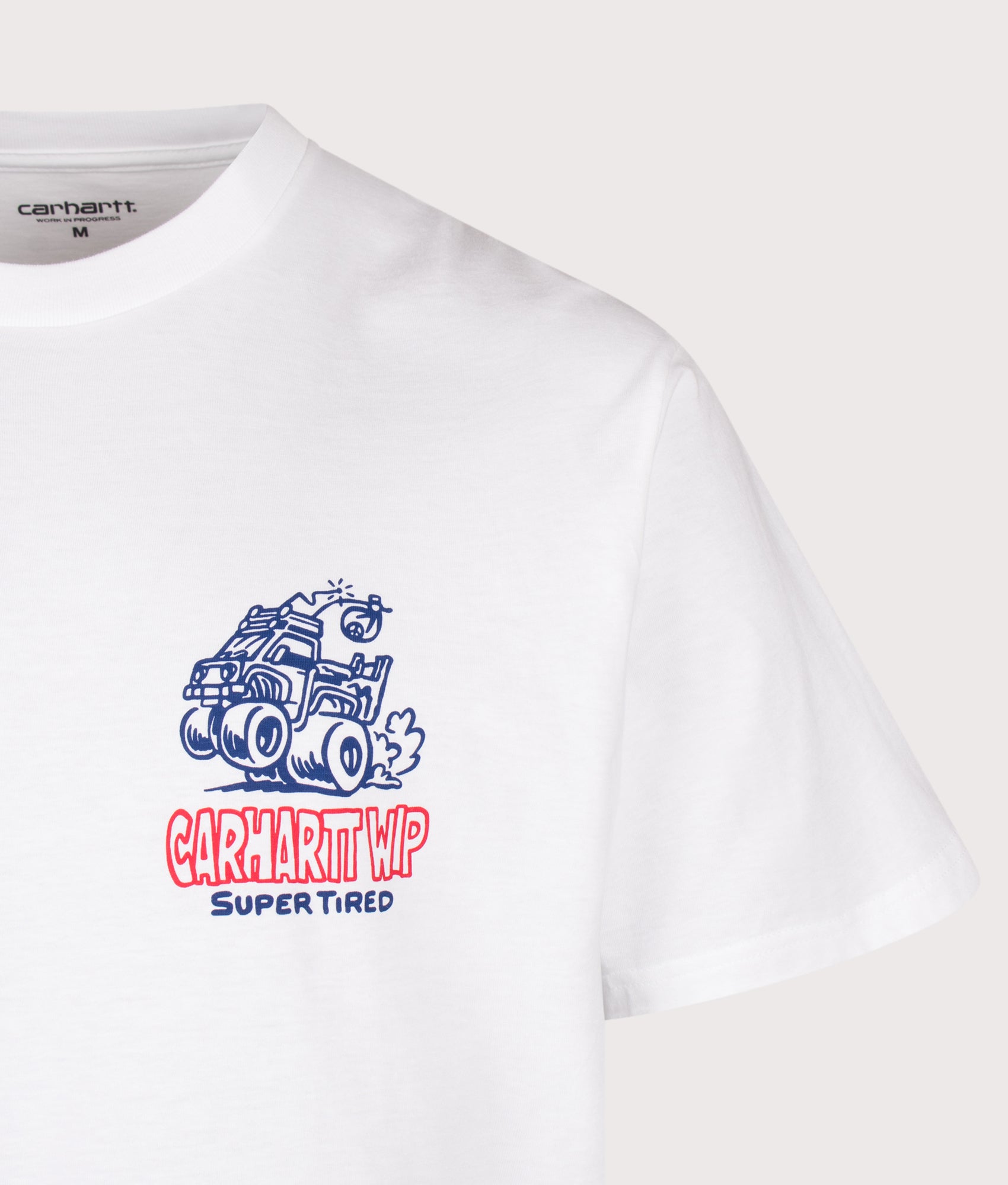 Carhartt WIP Loose Fit Hot Rat T-Shirt in White at EQVVS Menswear. Detail shot.
