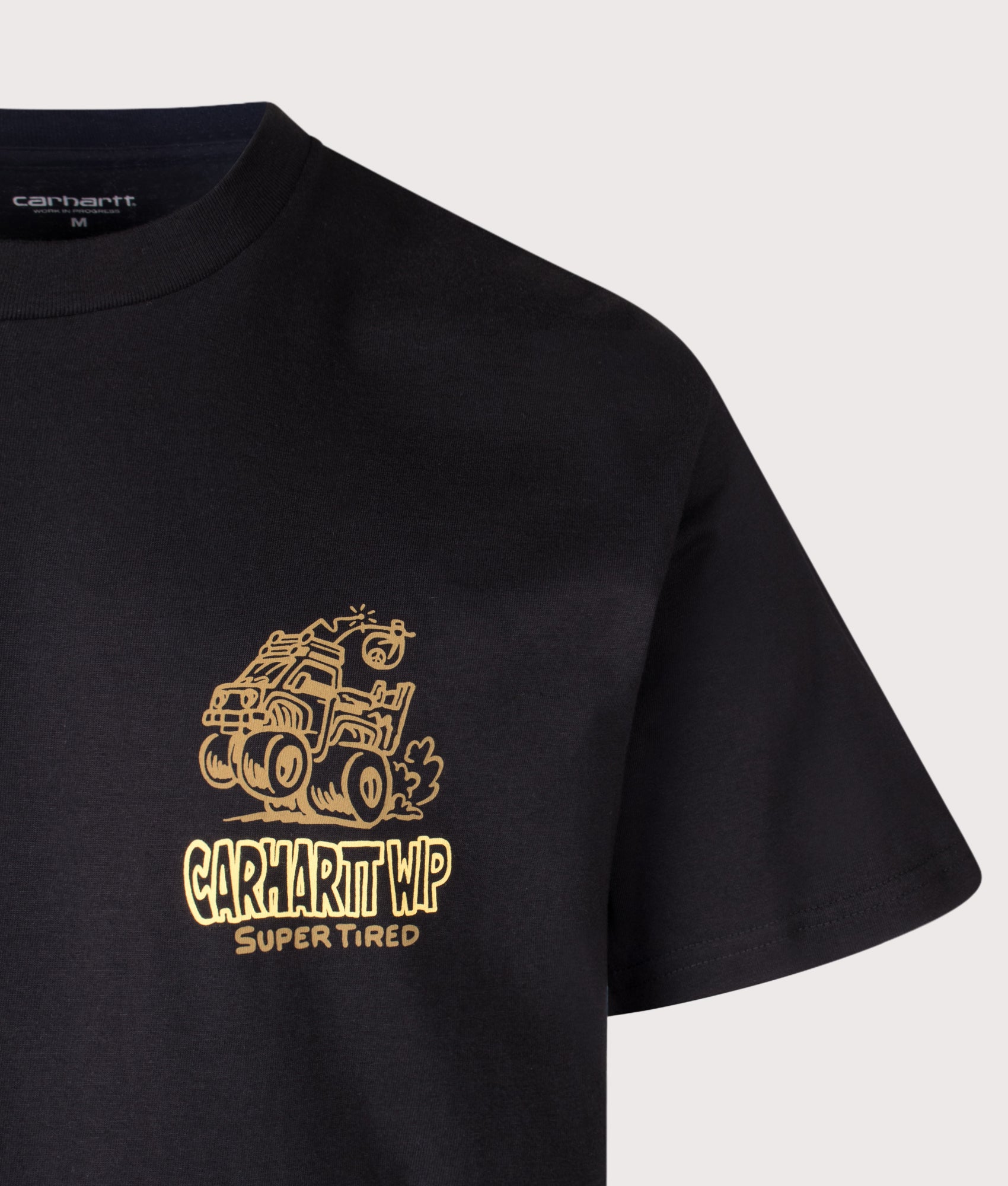 Carhartt WIP Loose Fit Hot Rat T-Shirt in Black at EQVVS Menswear. Detail shot.