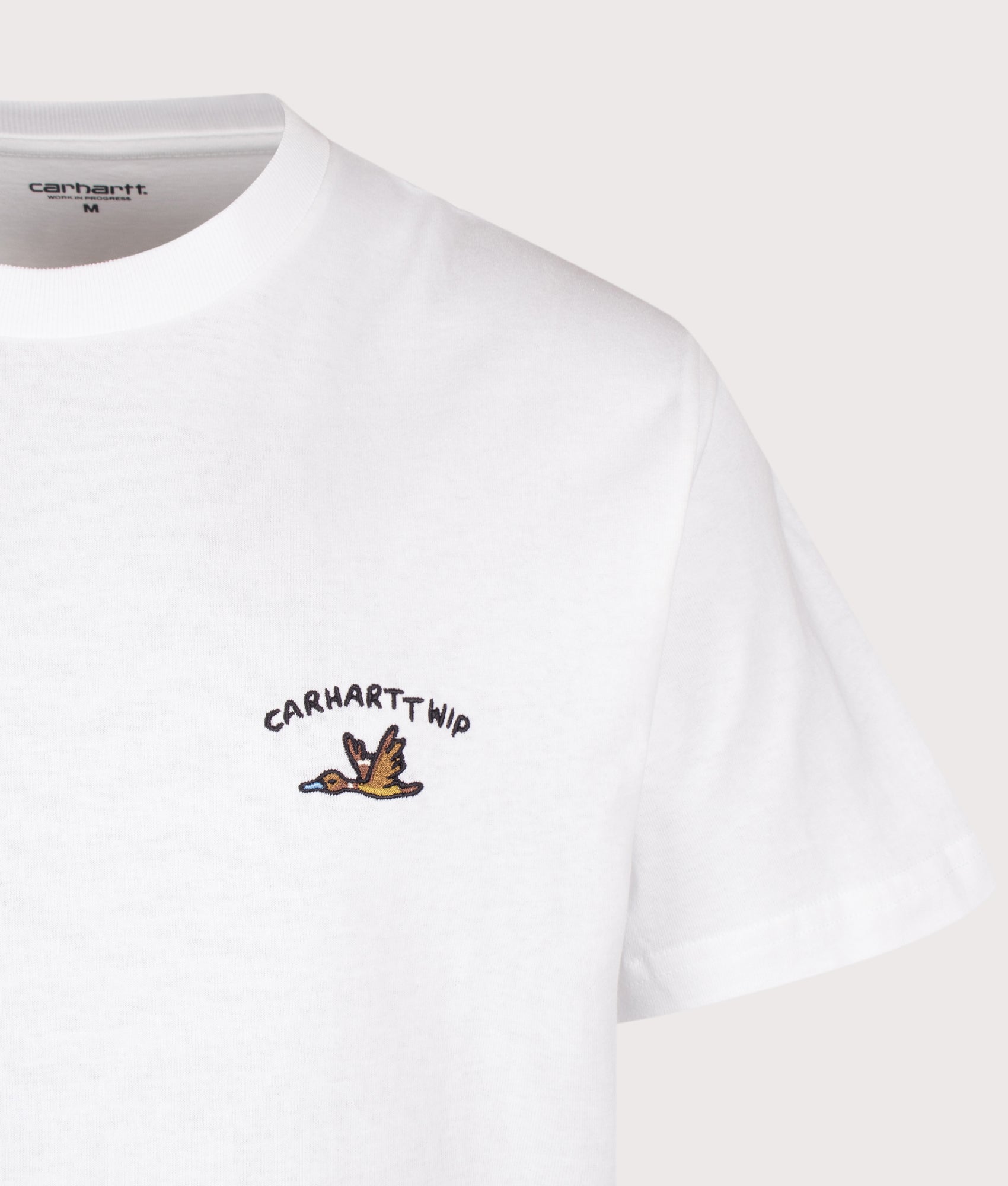 Carhartt WIP Loose Fit Animated Ducks T-Shirt in White at EQVVS Menswear. Detail shot.